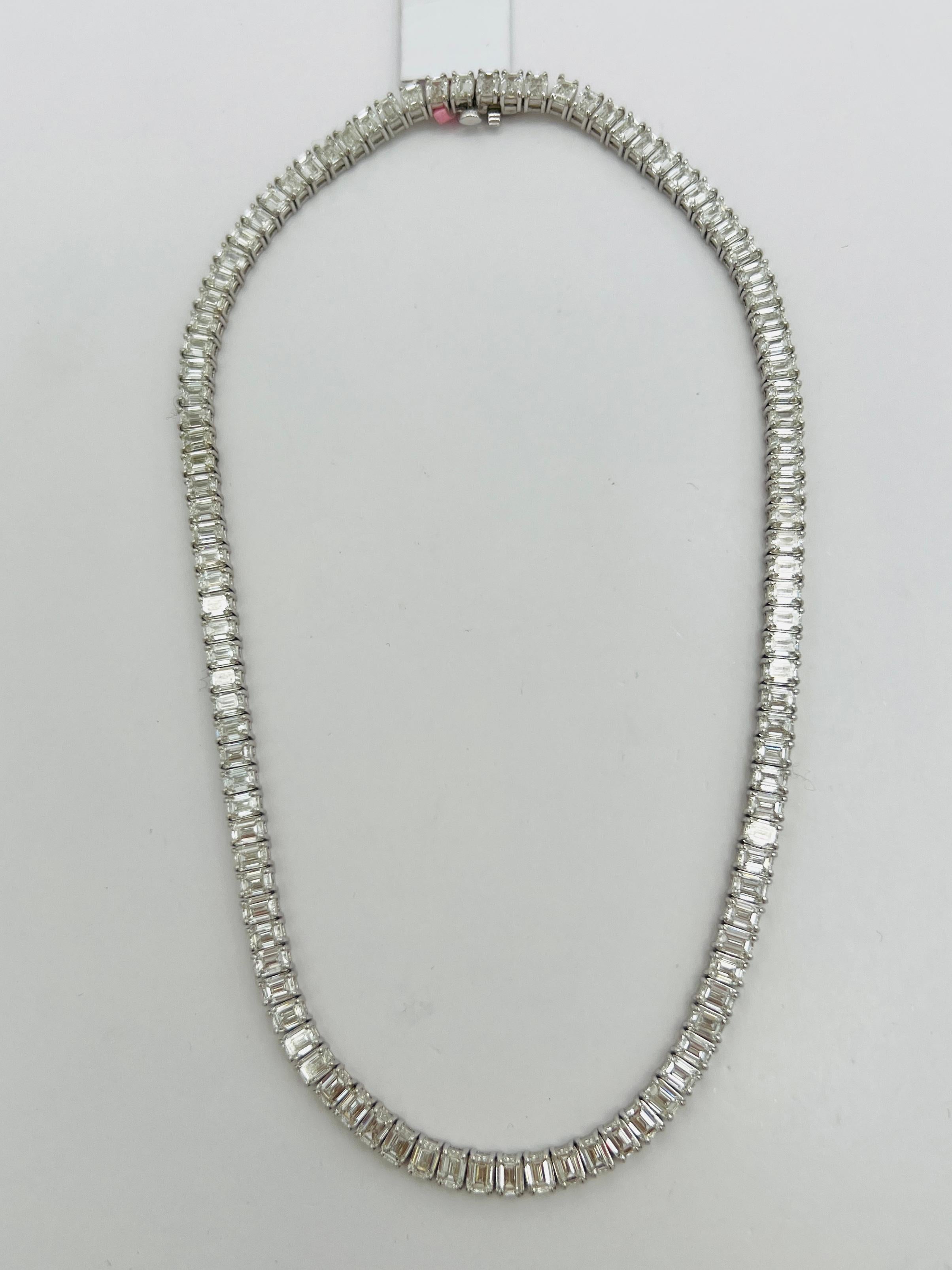 GIA White Diamond Emerald Cut Tennis Necklace in 18K White Gold For Sale 3