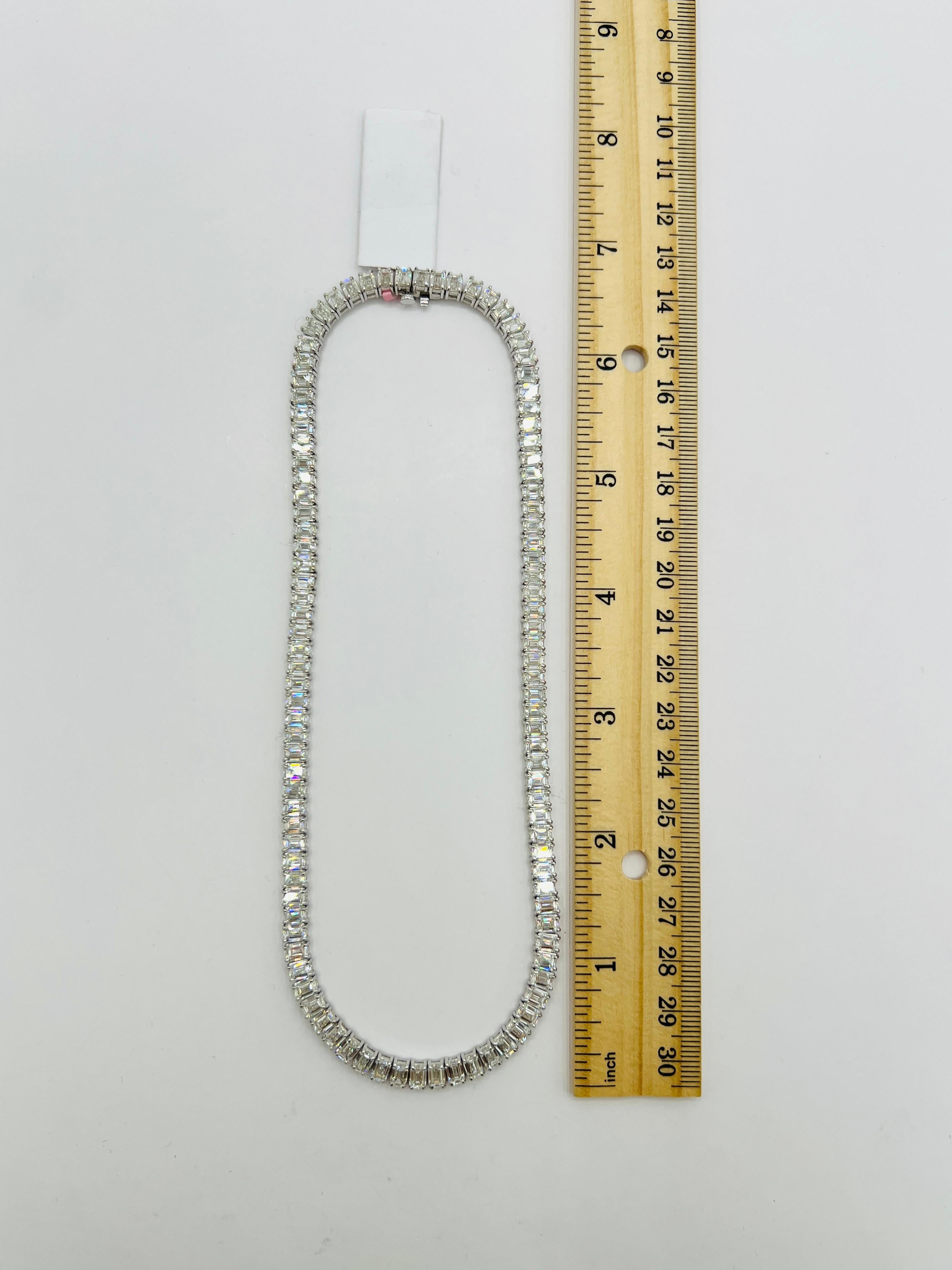 GIA White Diamond Emerald Cut Tennis Necklace in 18K White Gold For Sale 4