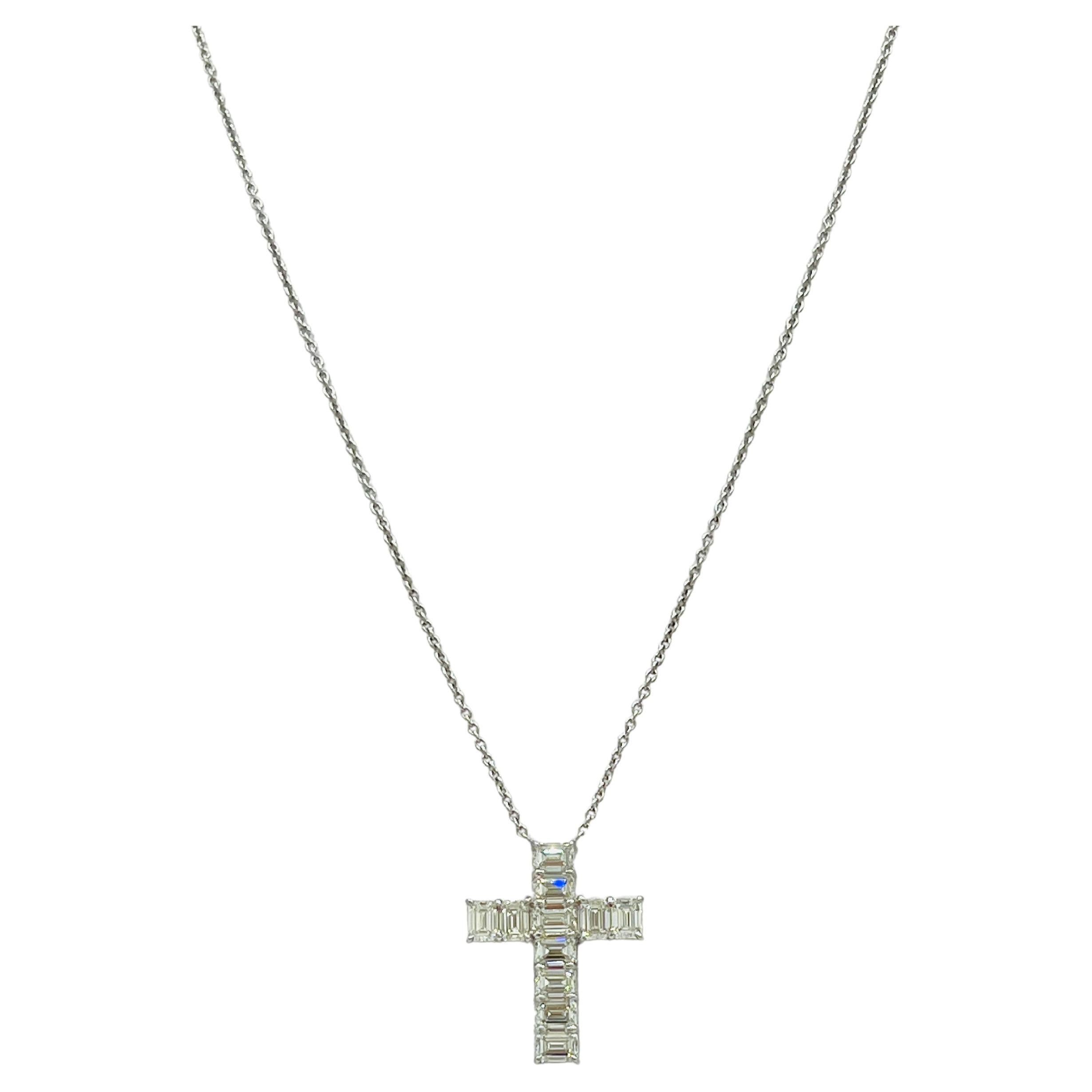 GIA White Diamond Emerald Cuts 0.30 Carat Each Cross Necklace in 18K White Gold