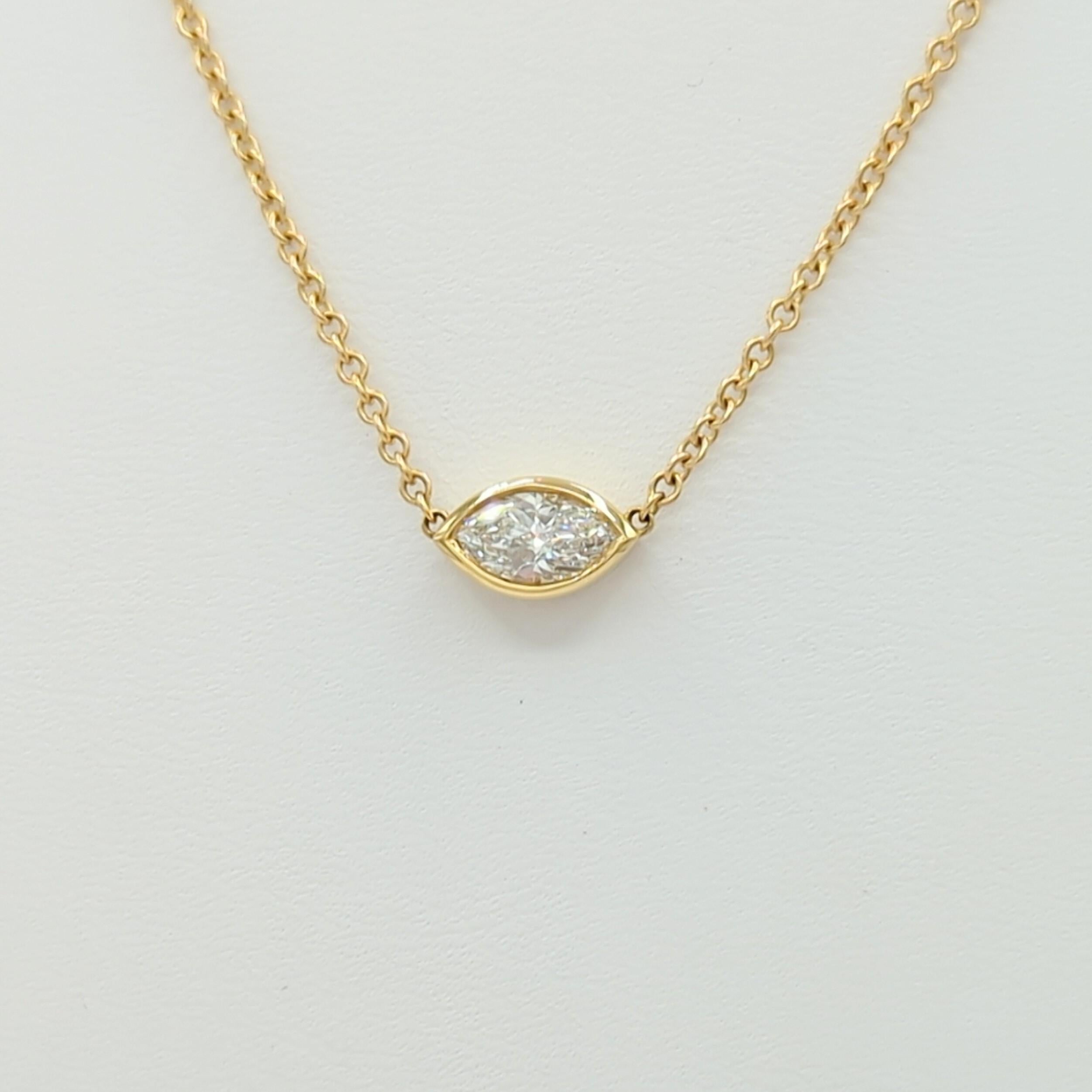 GIA White Diamond Marquise Bezel Pendant Necklace in 18K Yellow Gold In New Condition For Sale In Los Angeles, CA