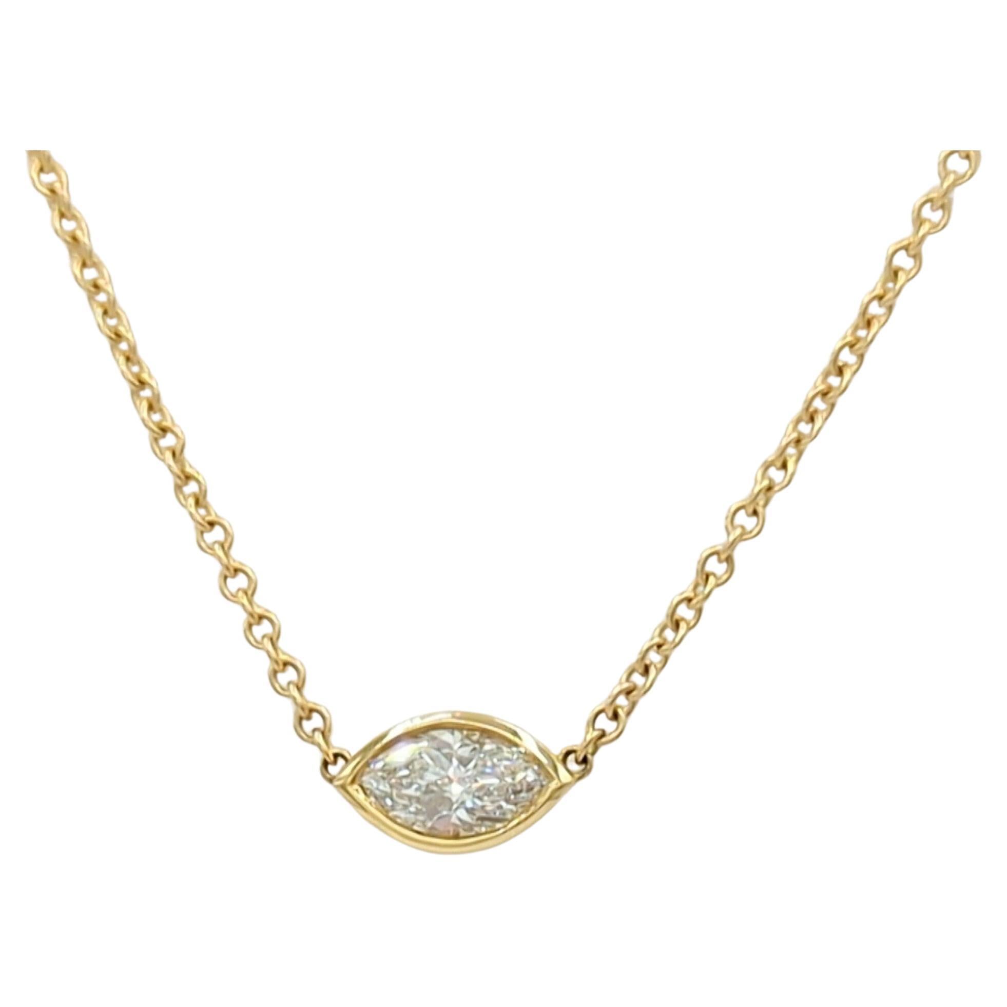 GIA White Diamond Marquise Bezel Pendant Necklace in 18K Yellow Gold For Sale