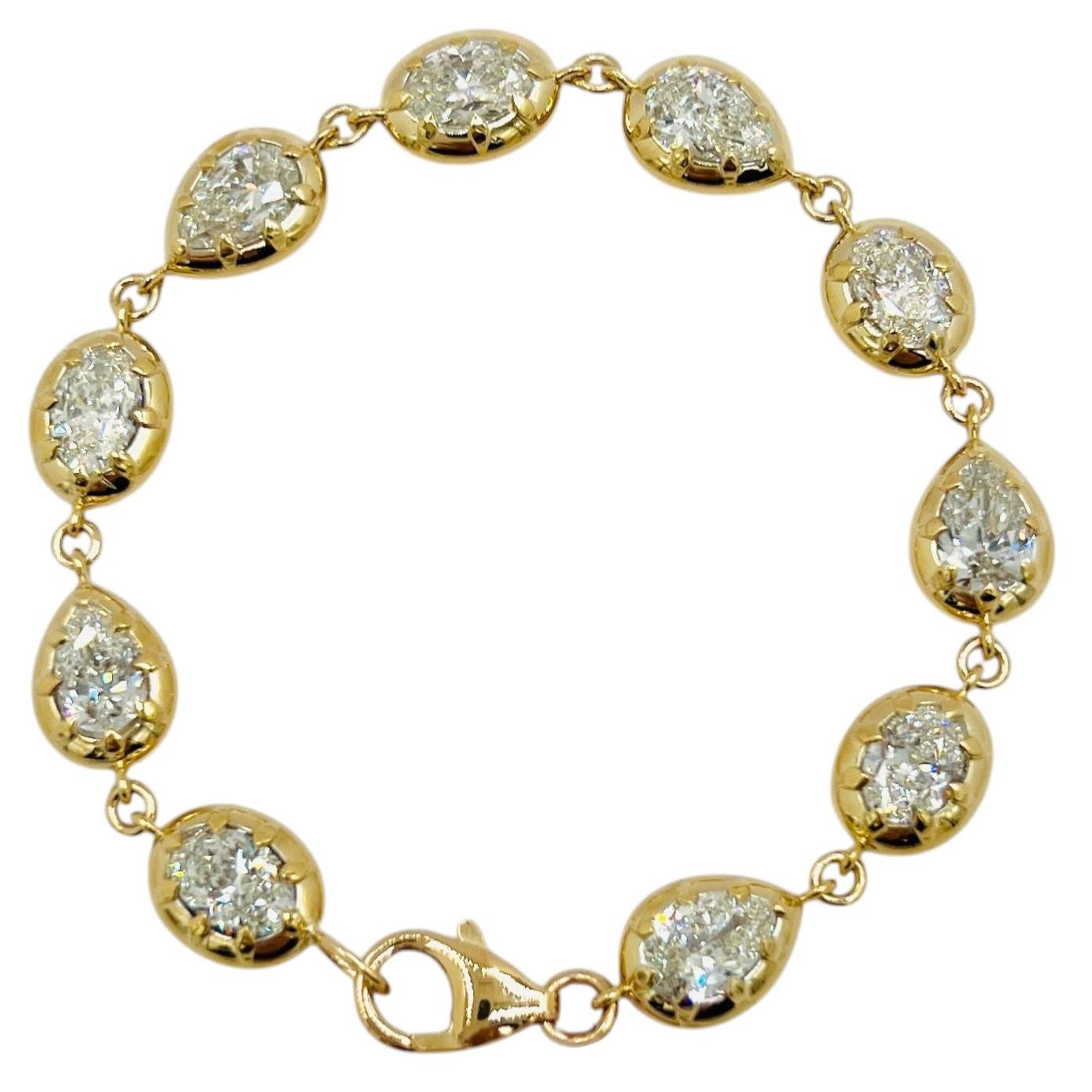 GIA White Diamond Oval and Pear Bezel Prong Chain Bracelet in 18K Yellow Gold