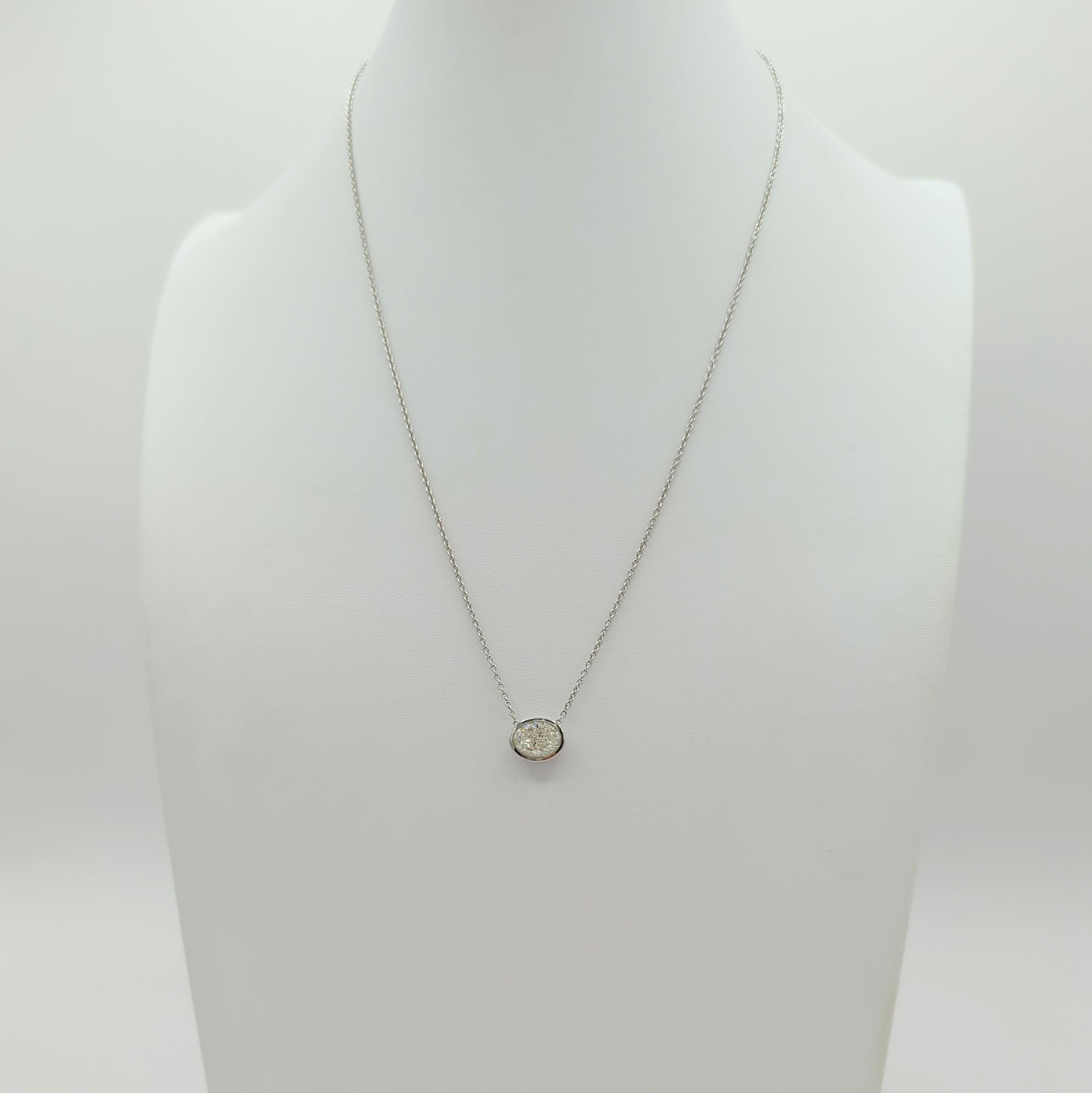 Women's or Men's GIA White Diamond Oval Bezel Necklace in 18K White Gold For Sale