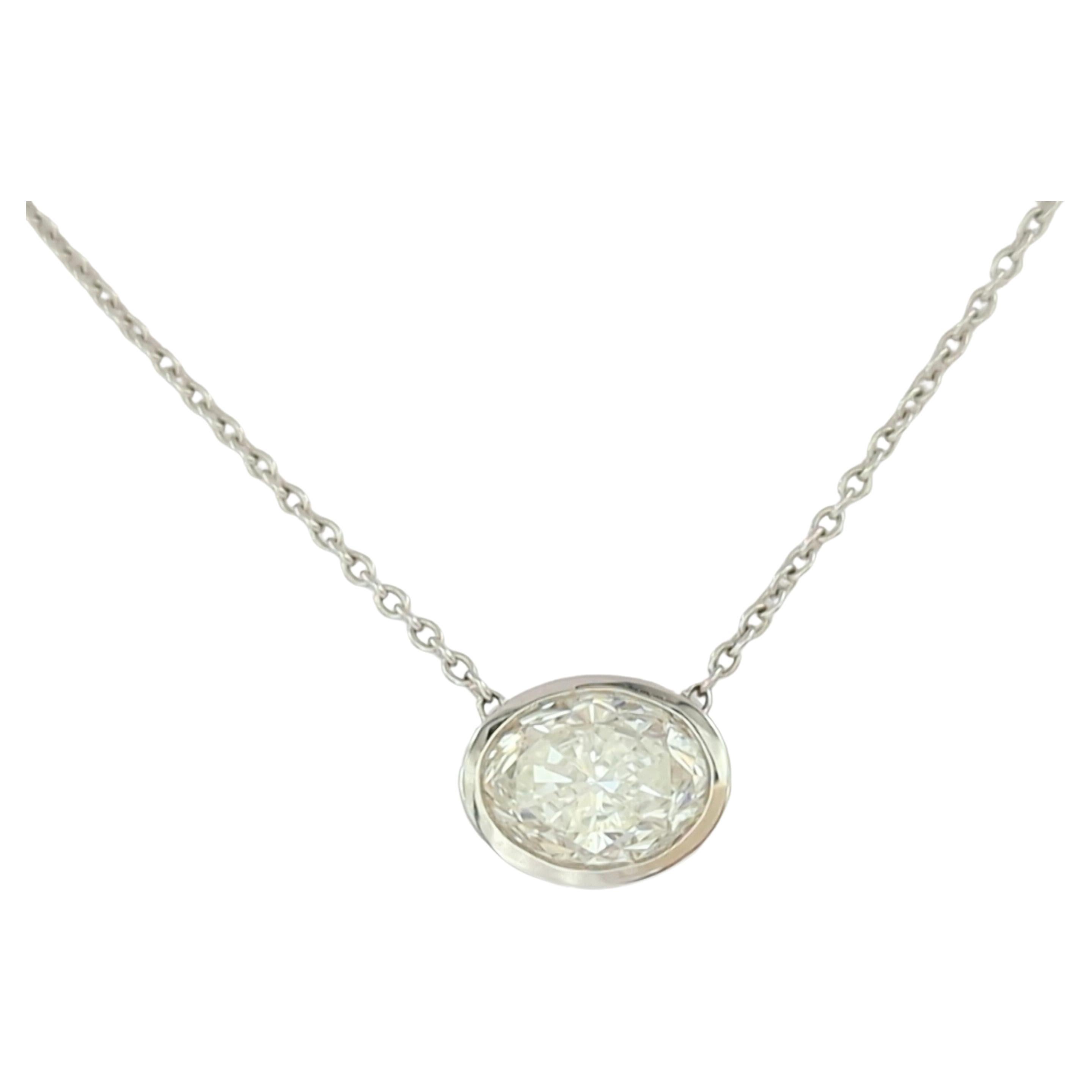 GIA White Diamond Oval Bezel Necklace in 18K White Gold For Sale