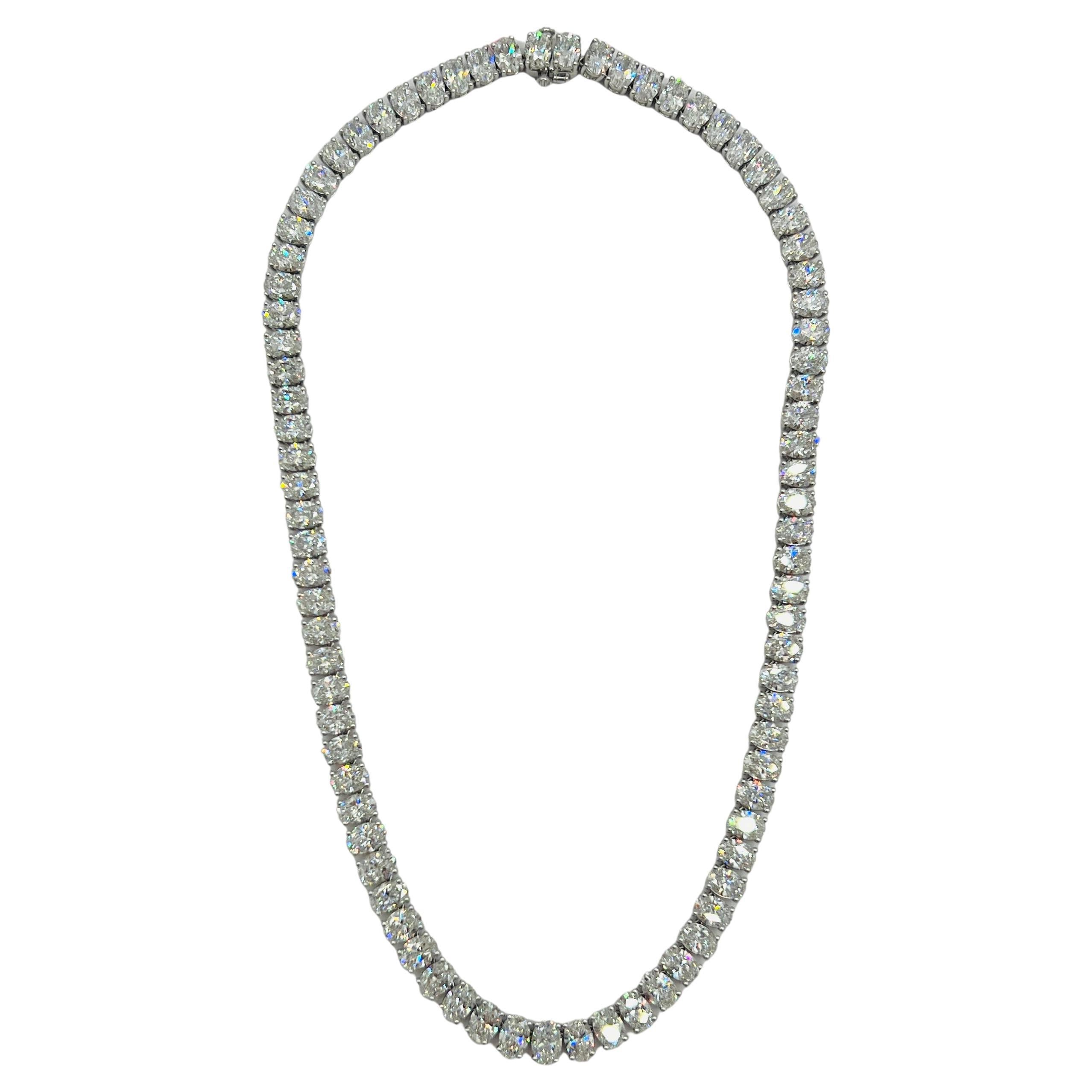 GIA White Diamond Oval Half Carat Each Tennis Necklace in 18K White Gold For Sale