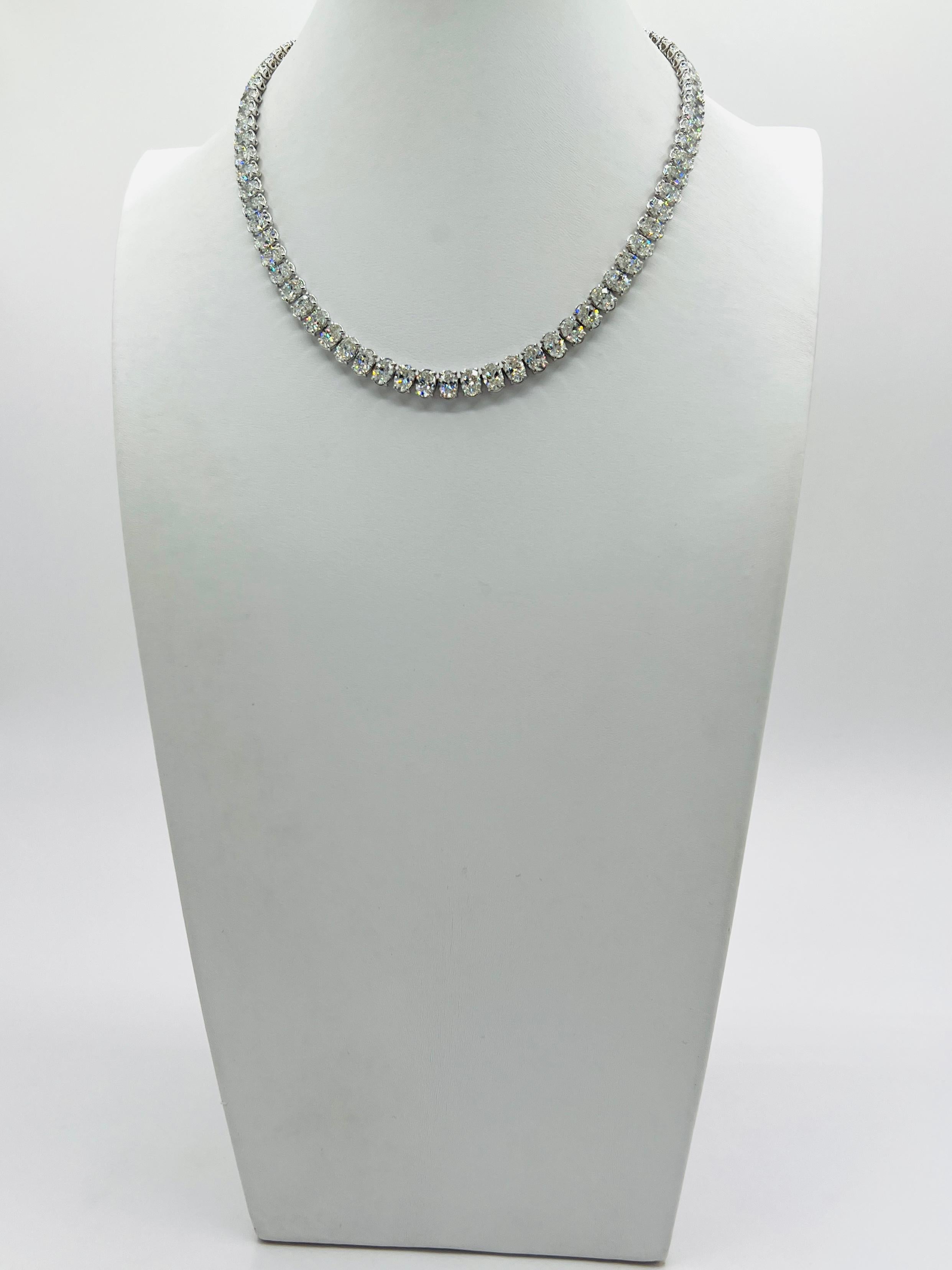 Women's or Men's GIA White Diamond Oval Tennis Necklace in 18K White Gold For Sale
