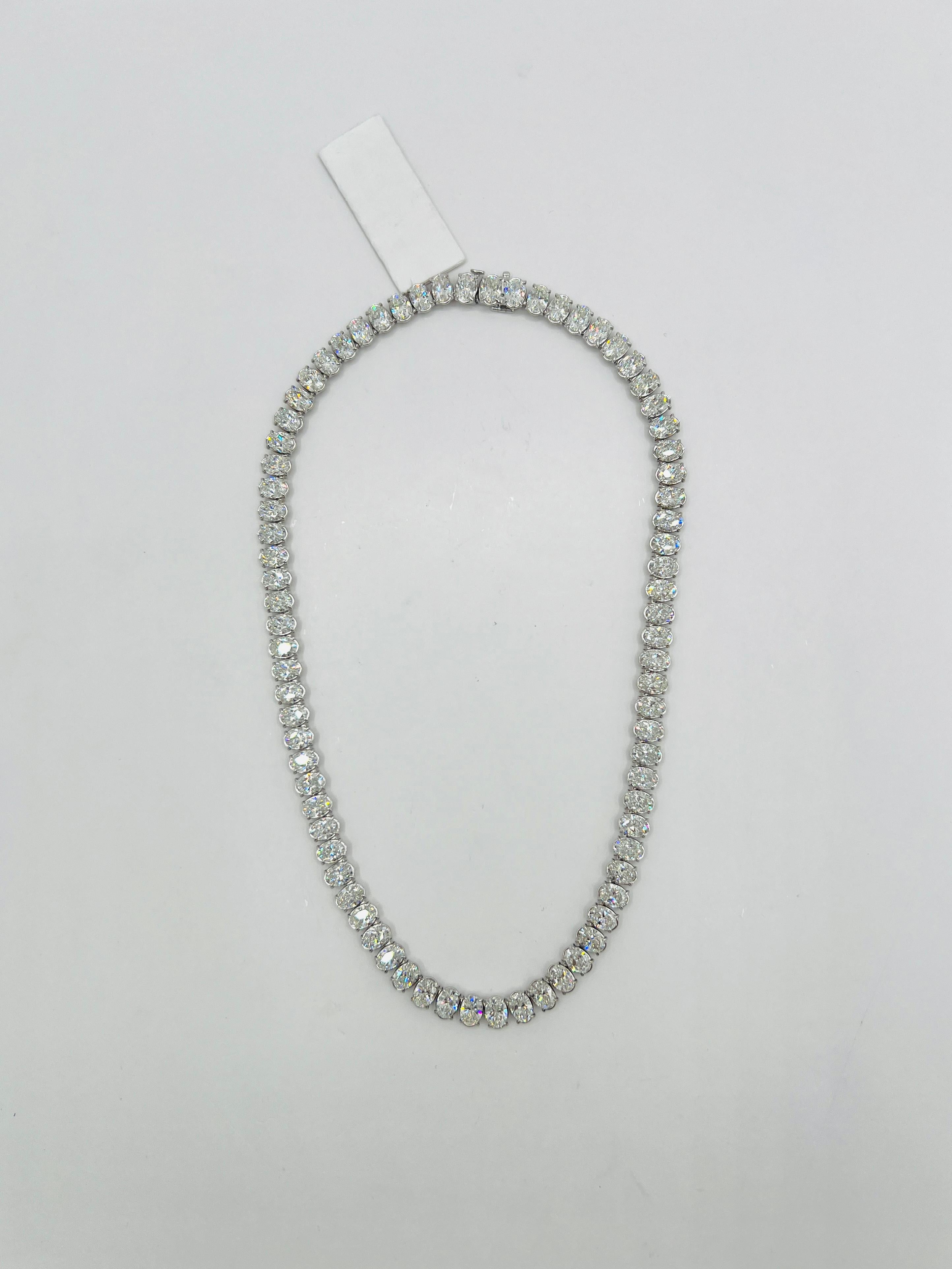GIA White Diamond Oval Tennis Necklace in 18K White Gold For Sale 2
