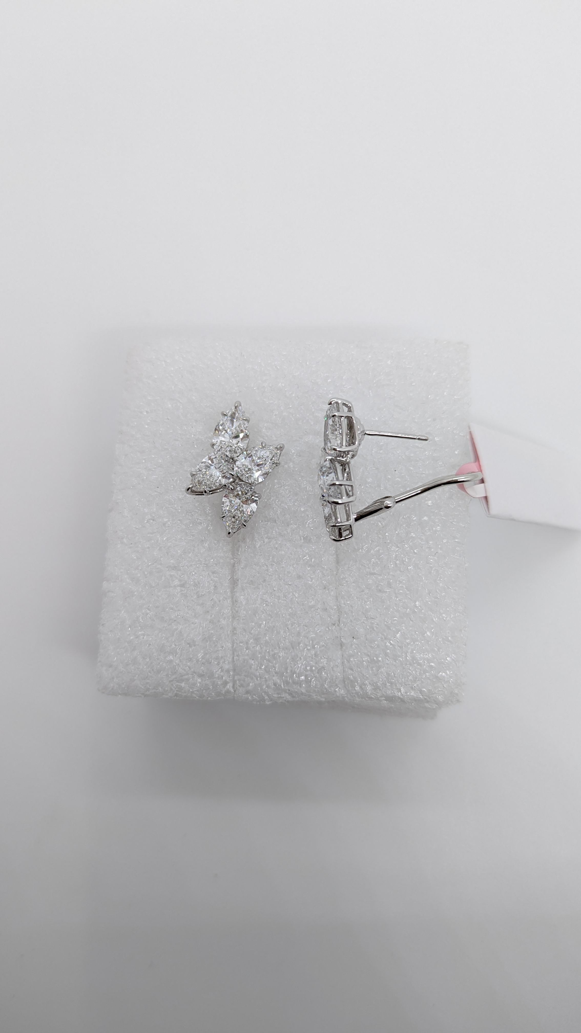 Women's or Men's GIA White Diamond Pear Shape Cluster Earrings in 18K White Gold For Sale