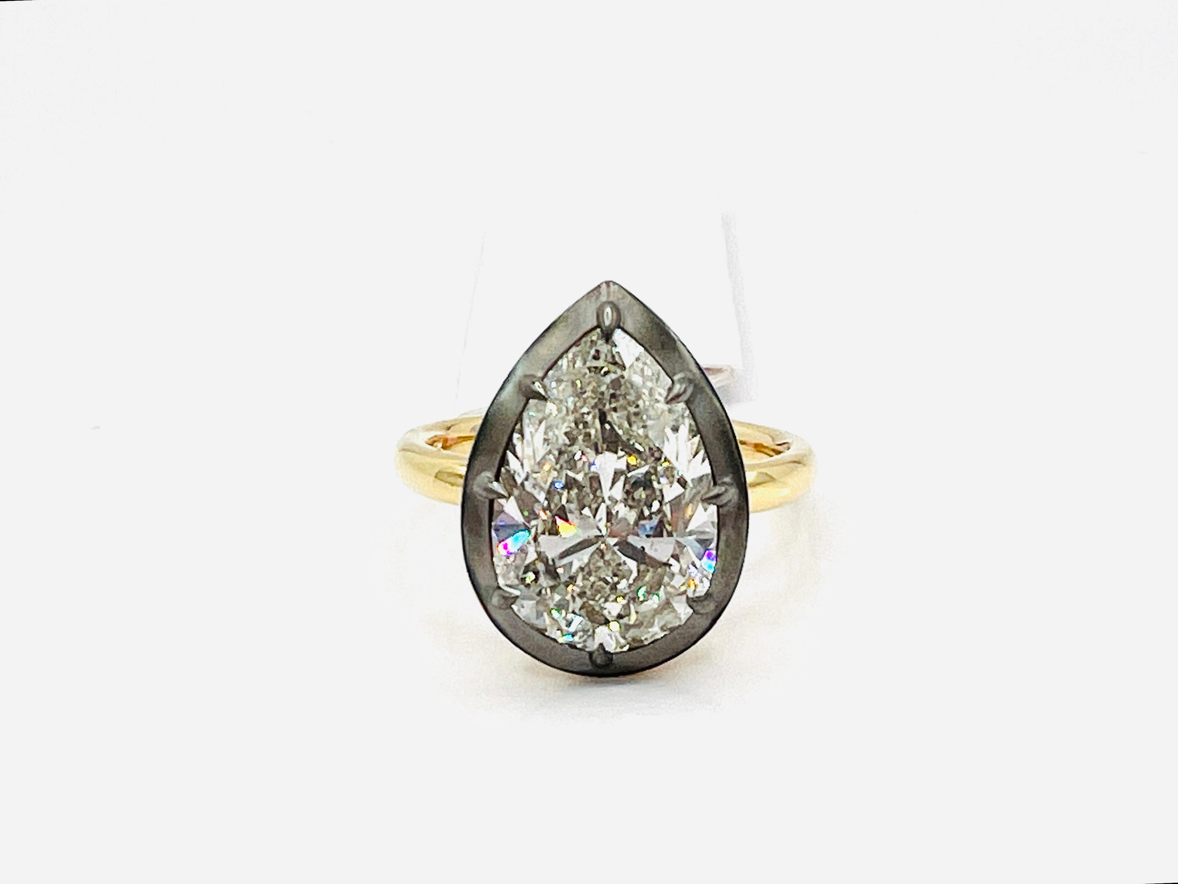 Pear Cut GIA White Diamond Pear Shape Solitaire Ring in 18K Yellow Gold & Black Rhodium For Sale