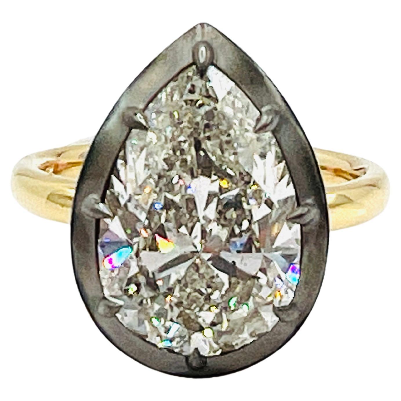 GIA White Diamond Pear Shape Solitaire Ring in 18K Yellow Gold & Black Rhodium For Sale