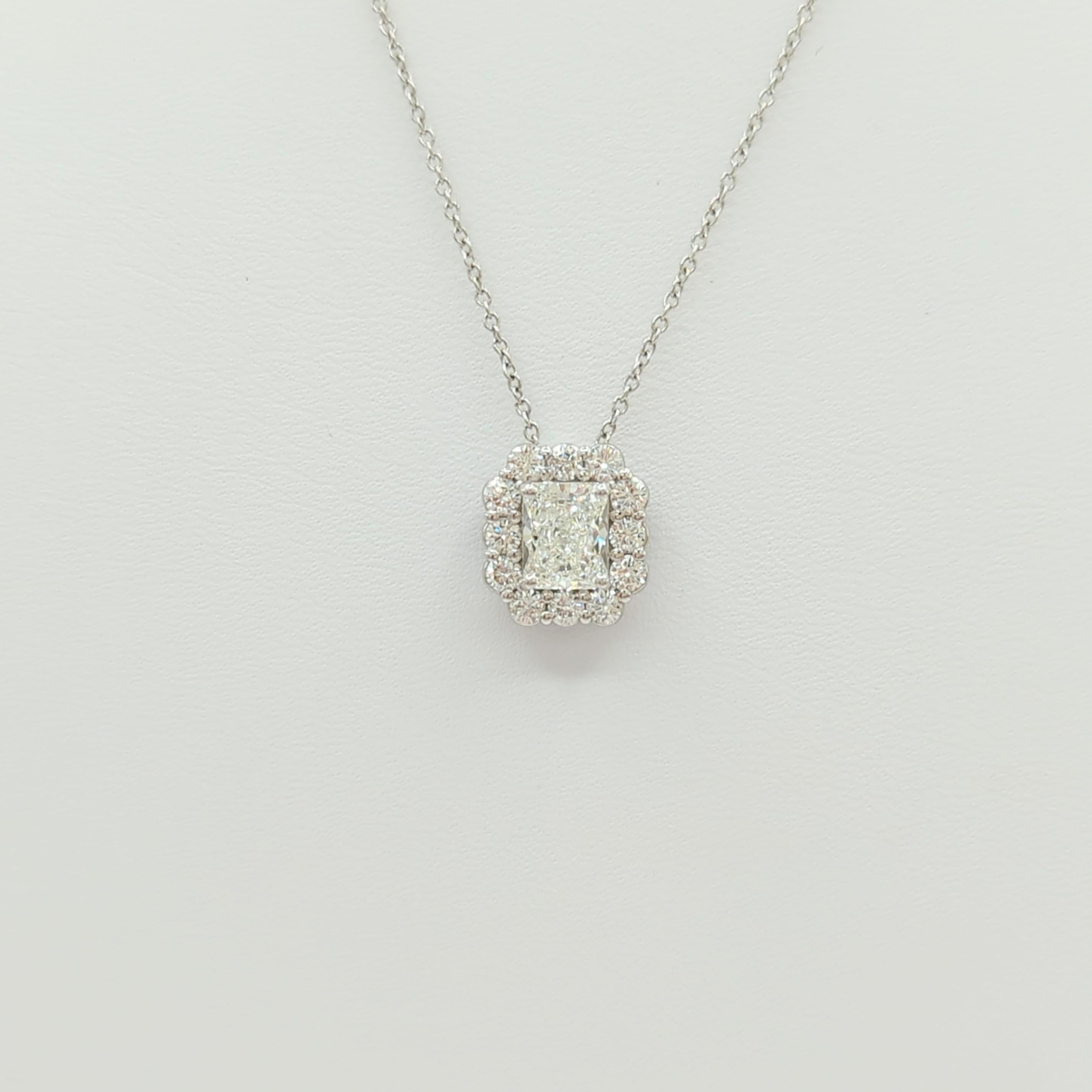 Women's or Men's GIA White Diamond Radiant Pendant Necklace in 18K White Gold For Sale