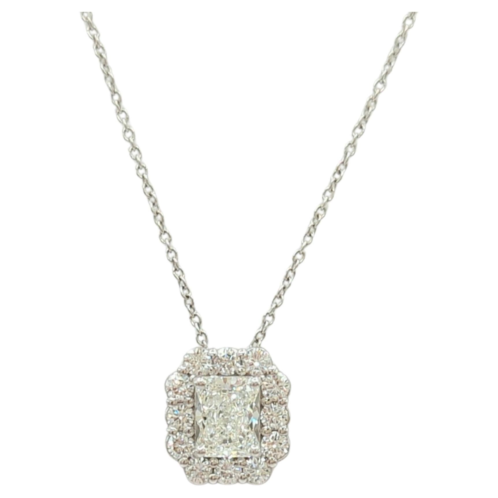 GIA White Diamond Radiant Pendant Necklace in 18K White Gold For Sale