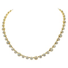 GIA White Diamond Round Small Big Bezel Prong Chain Necklace in 18K Yellow Gold