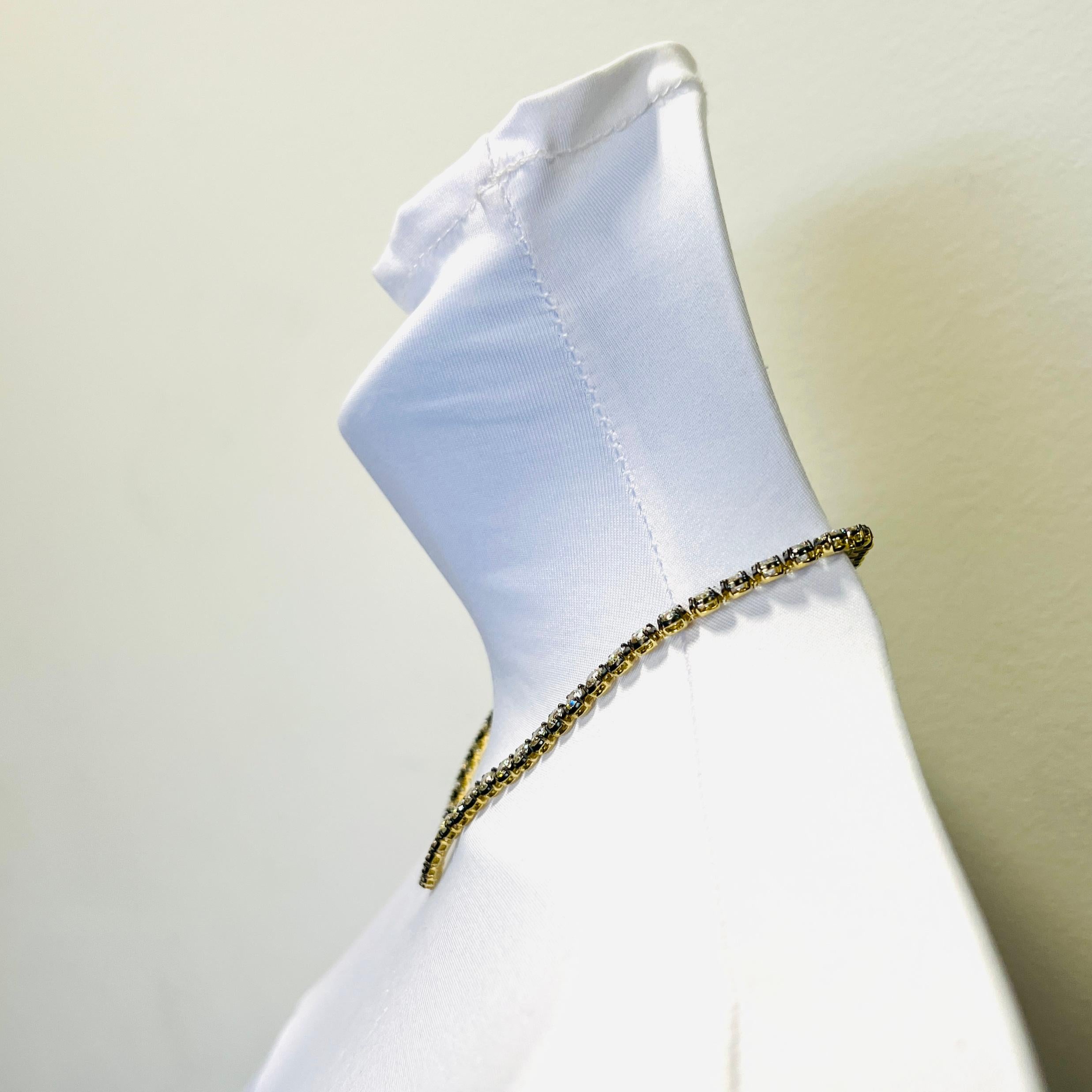 Round Cut GIA White Diamond Round Tennis Necklace in Black Rhodium & 18K Yellow Gold For Sale