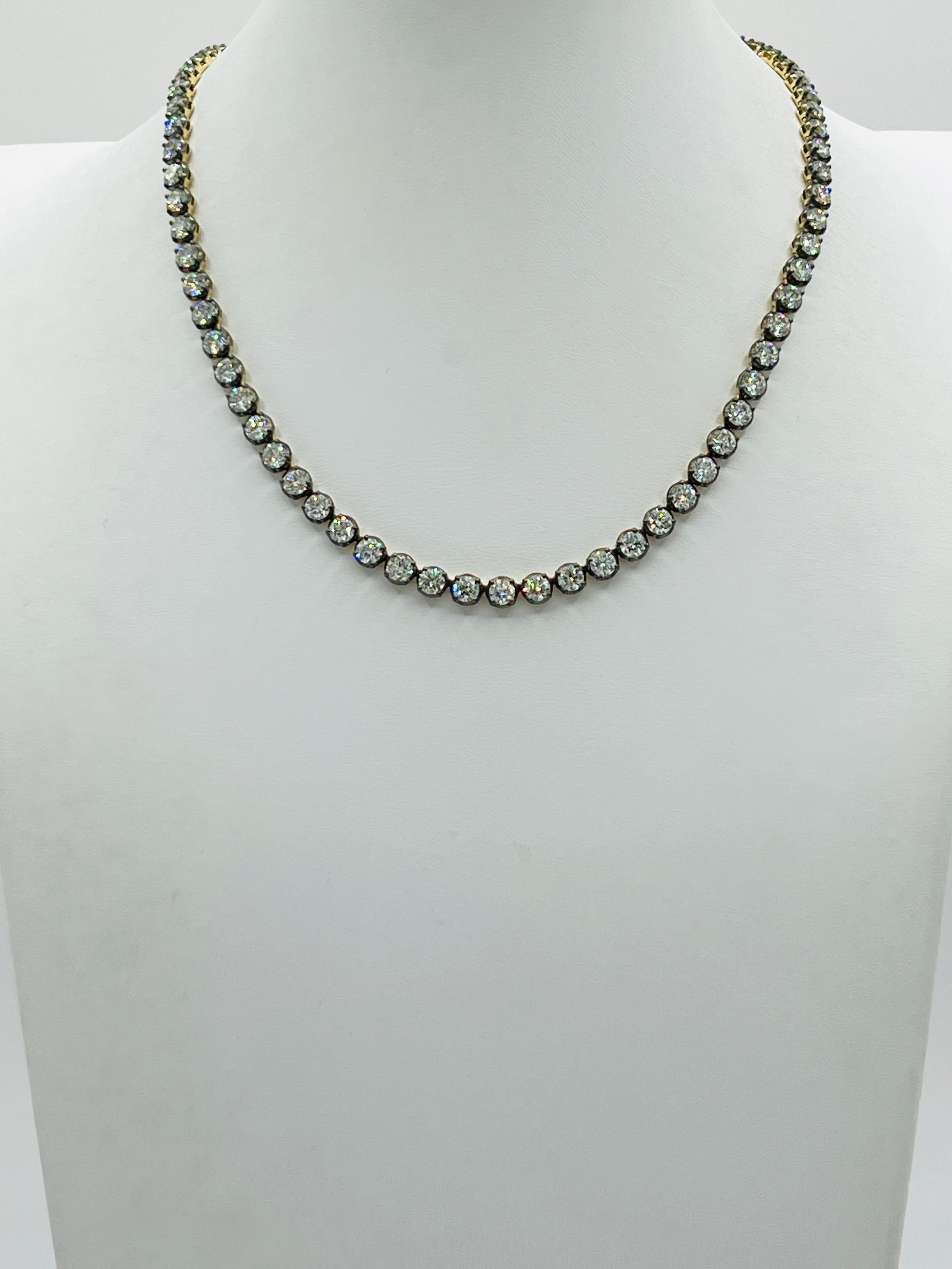 Women's or Men's GIA White Diamond Round Tennis Necklace in Black Rhodium & 18K Yellow Gold For Sale