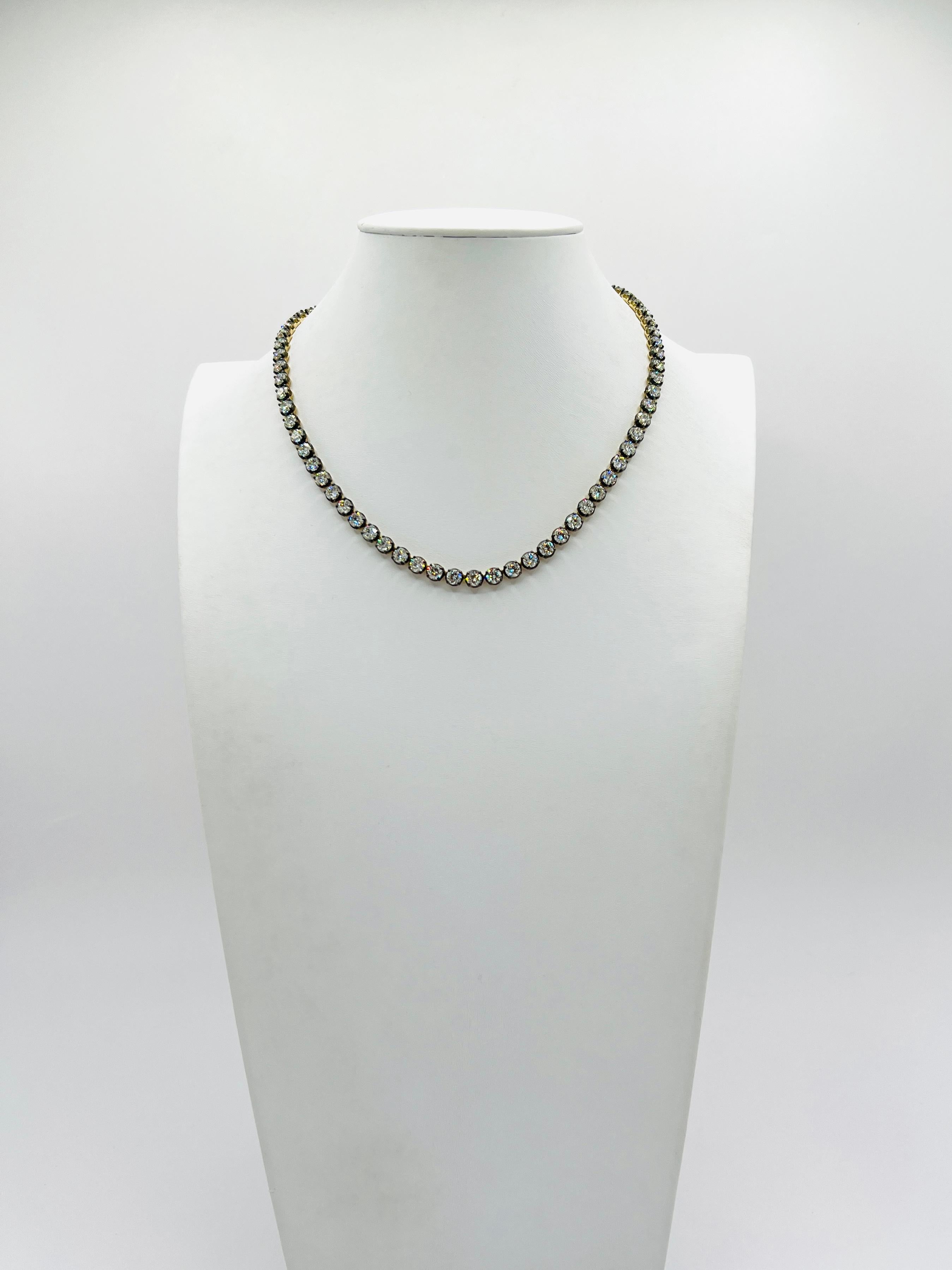 Women's or Men's GIA White Diamond Round Tennis Necklace in Black Rhodium & 18K Yellow Gold For Sale
