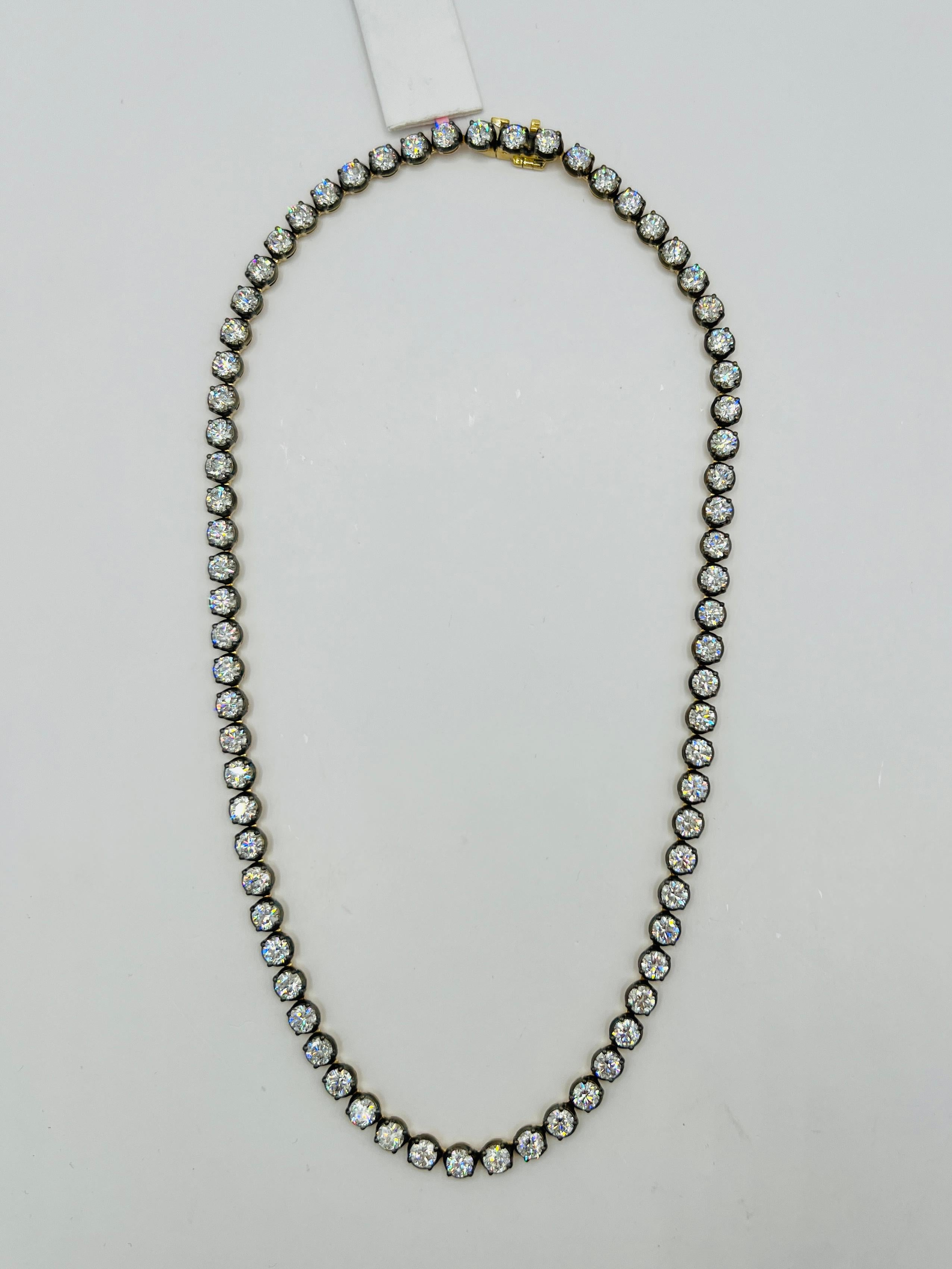GIA White Diamond Round Tennis Necklace in Black Rhodium & 18K Yellow Gold For Sale 2