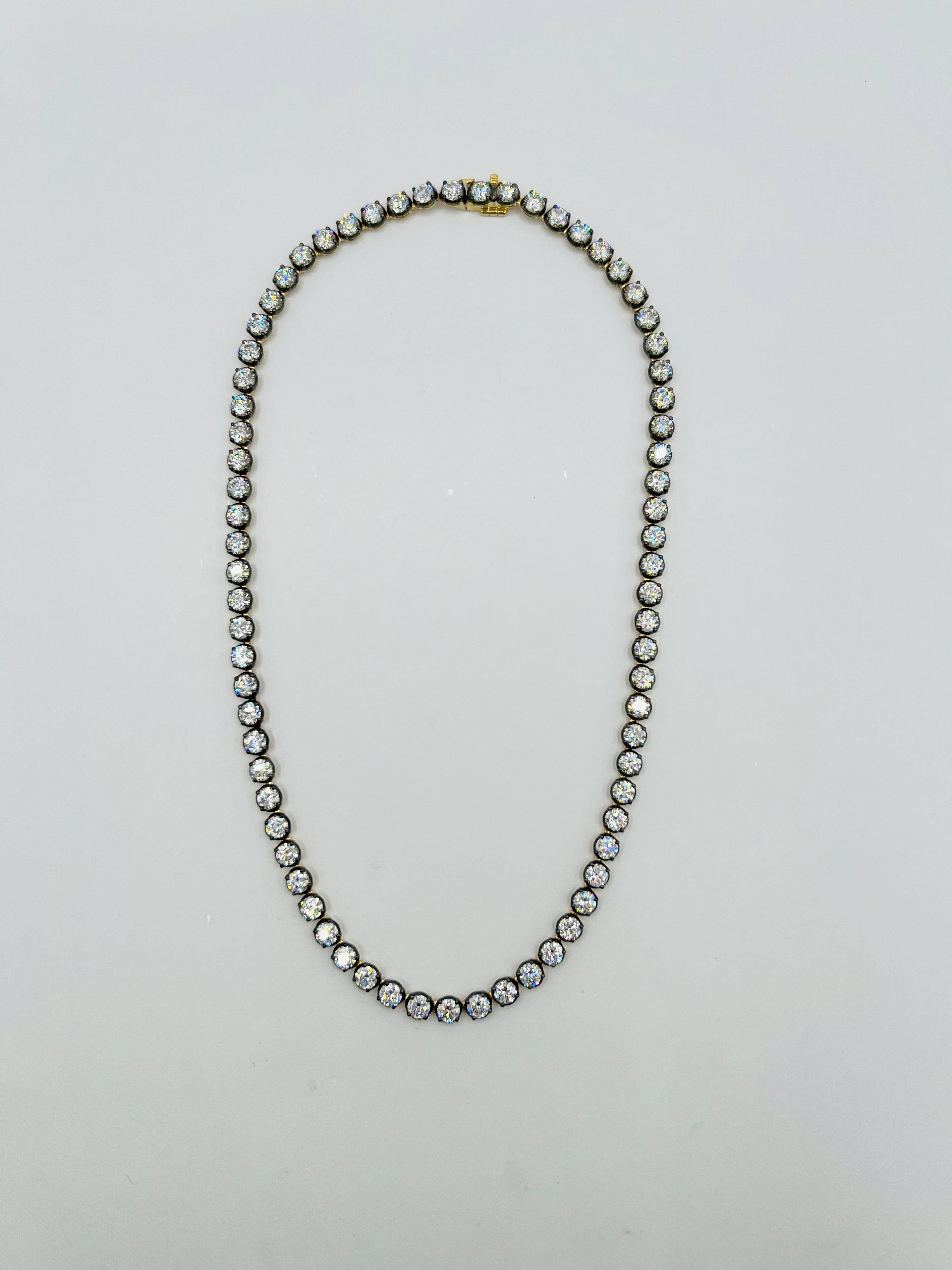 GIA White Diamond Round Tennis Necklace in Black Rhodium & 18K Yellow Gold For Sale 2