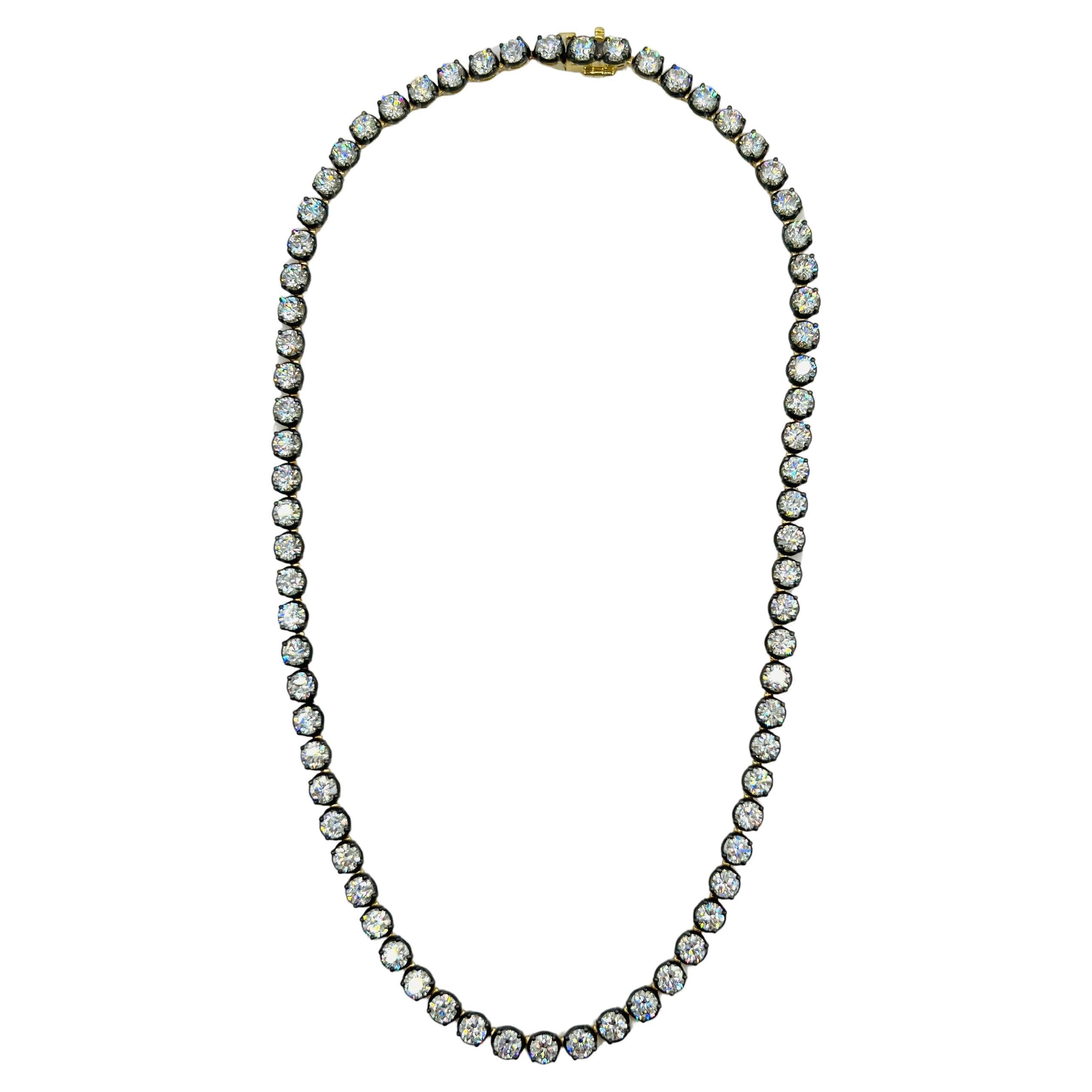 GIA White Diamond Round Tennis Necklace in Black Rhodium & 18K Yellow Gold