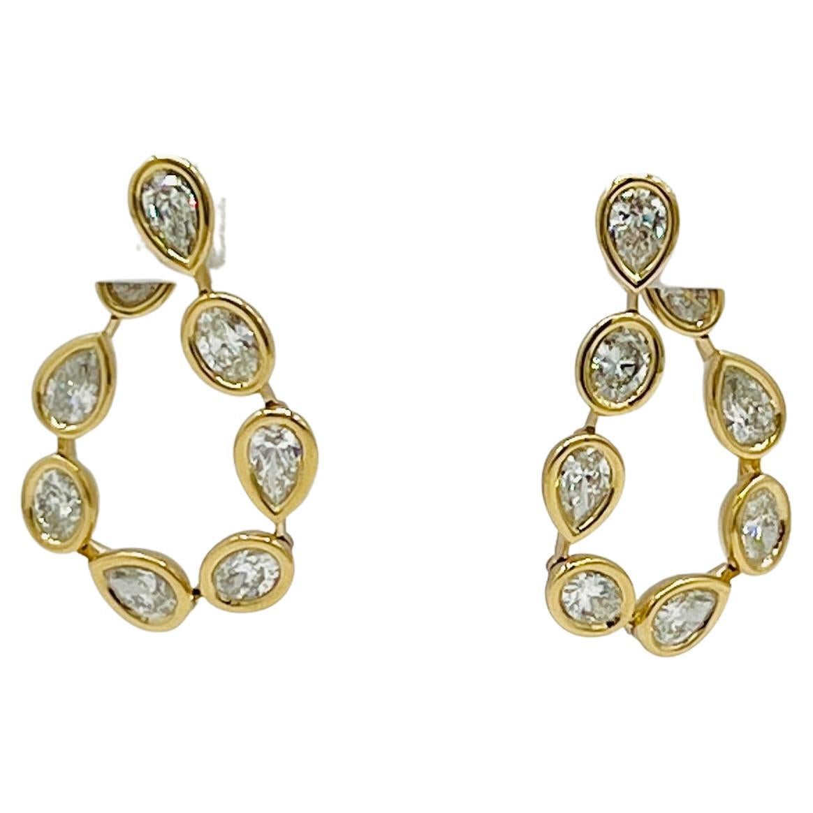 GIA White Pear and Oval Diamond Bezel Dangle Earrings in 18K Yellow Gold