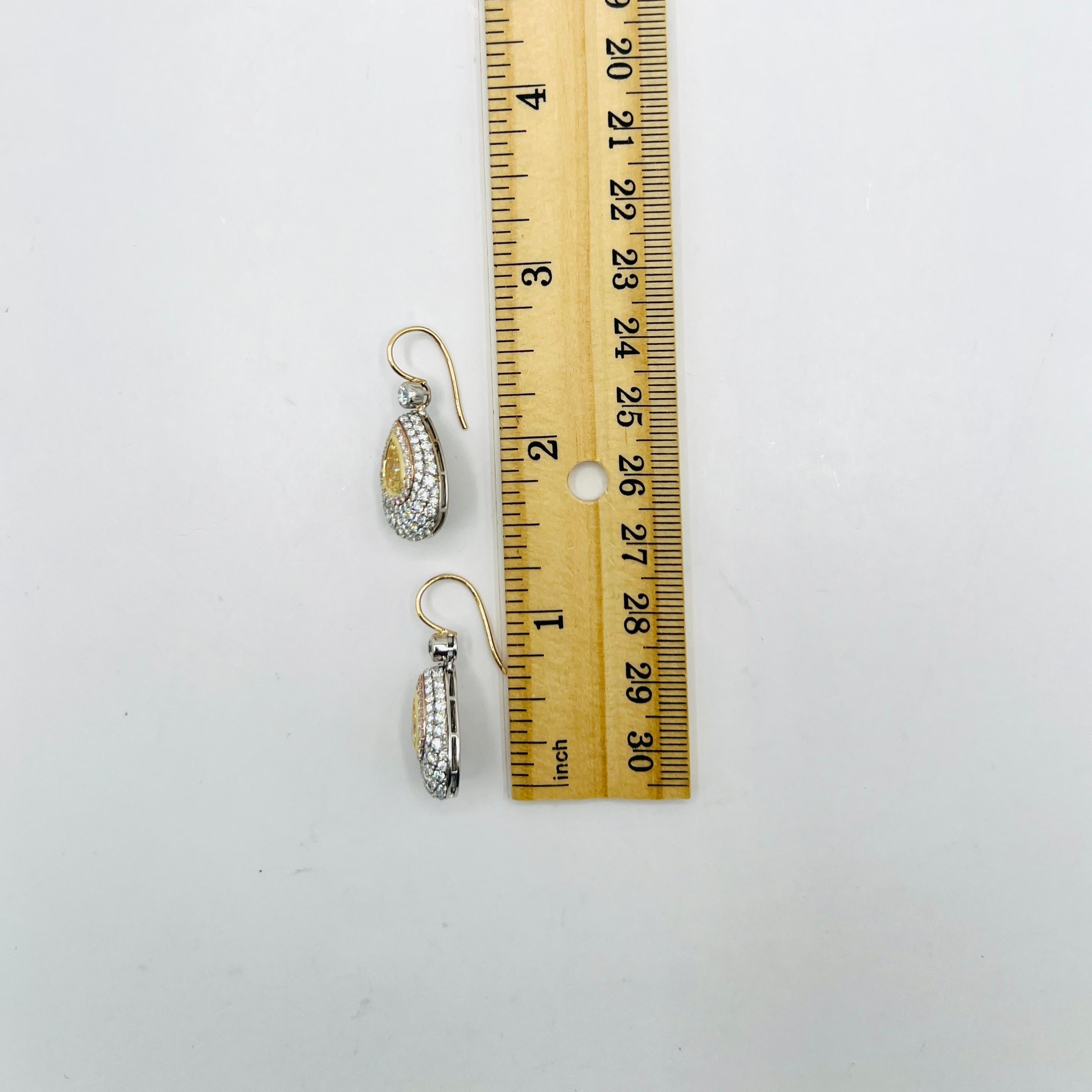 GIA Yellow and White Diamond Dangle Earrings in 14K 2 Tone Gold For Sale 2
