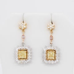GIA Yellow Diamond Cushion Flawless with Pink and White Diamond Dangle Earrings