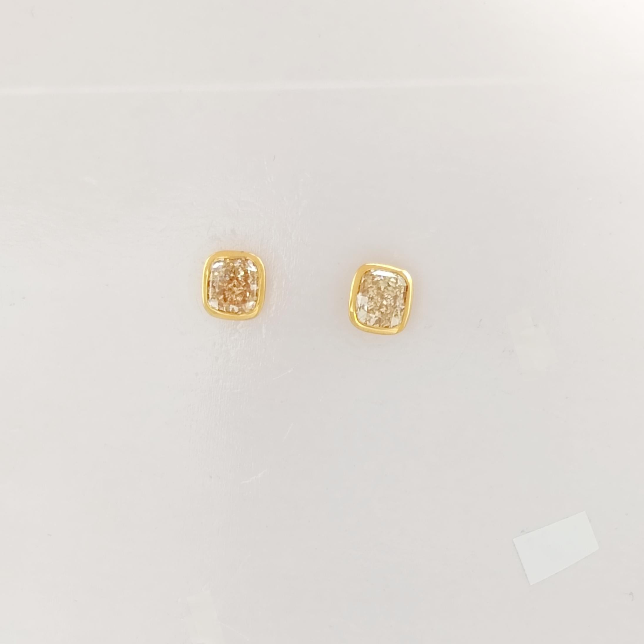 GIA Yellow Diamond Cushion Stud Earrings in 18K Yellow Gold For Sale 1
