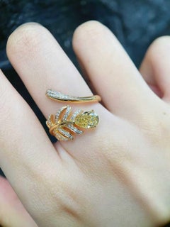 GIA Yellow Diamond Ring 18K Gold Feather Design 1.30ct Yellow Diamond