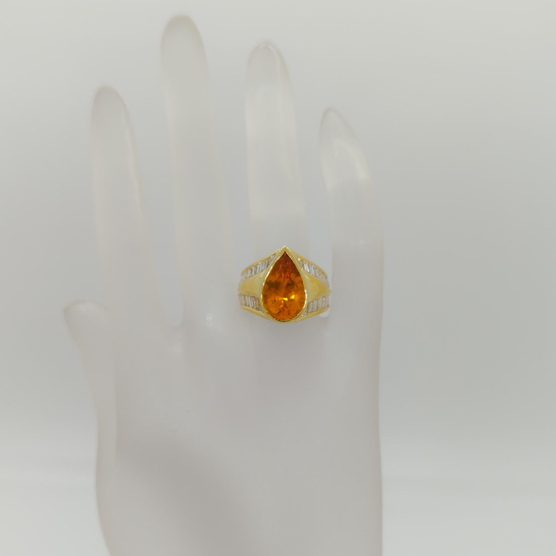 Pear Cut GIA Yellow Orange Pear Shape Sapphire and Diamond Cocktail Ring in 18k For Sale