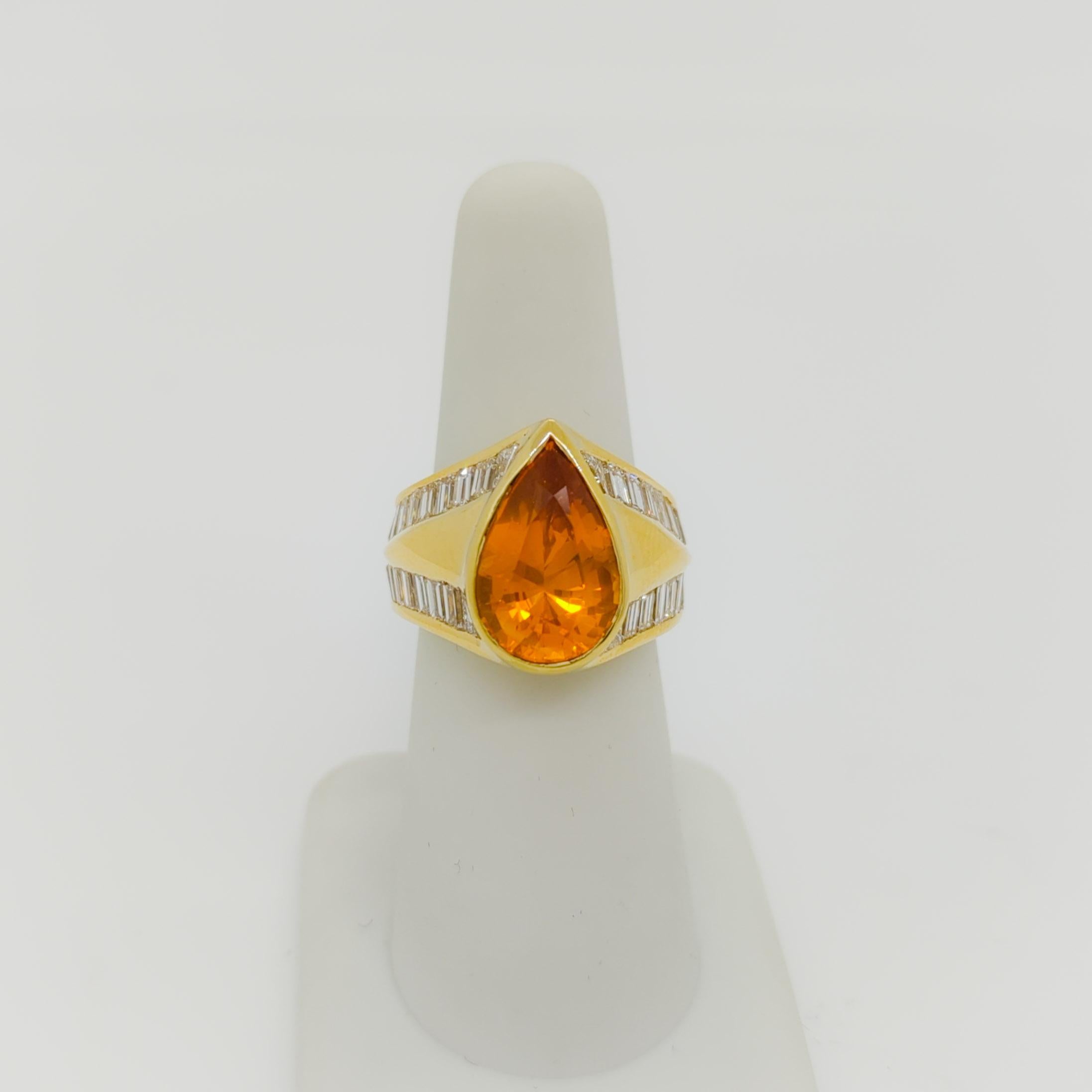 GIA Yellow Orange Pear Shape Sapphire and Diamond Cocktail Ring in 18k For Sale 1