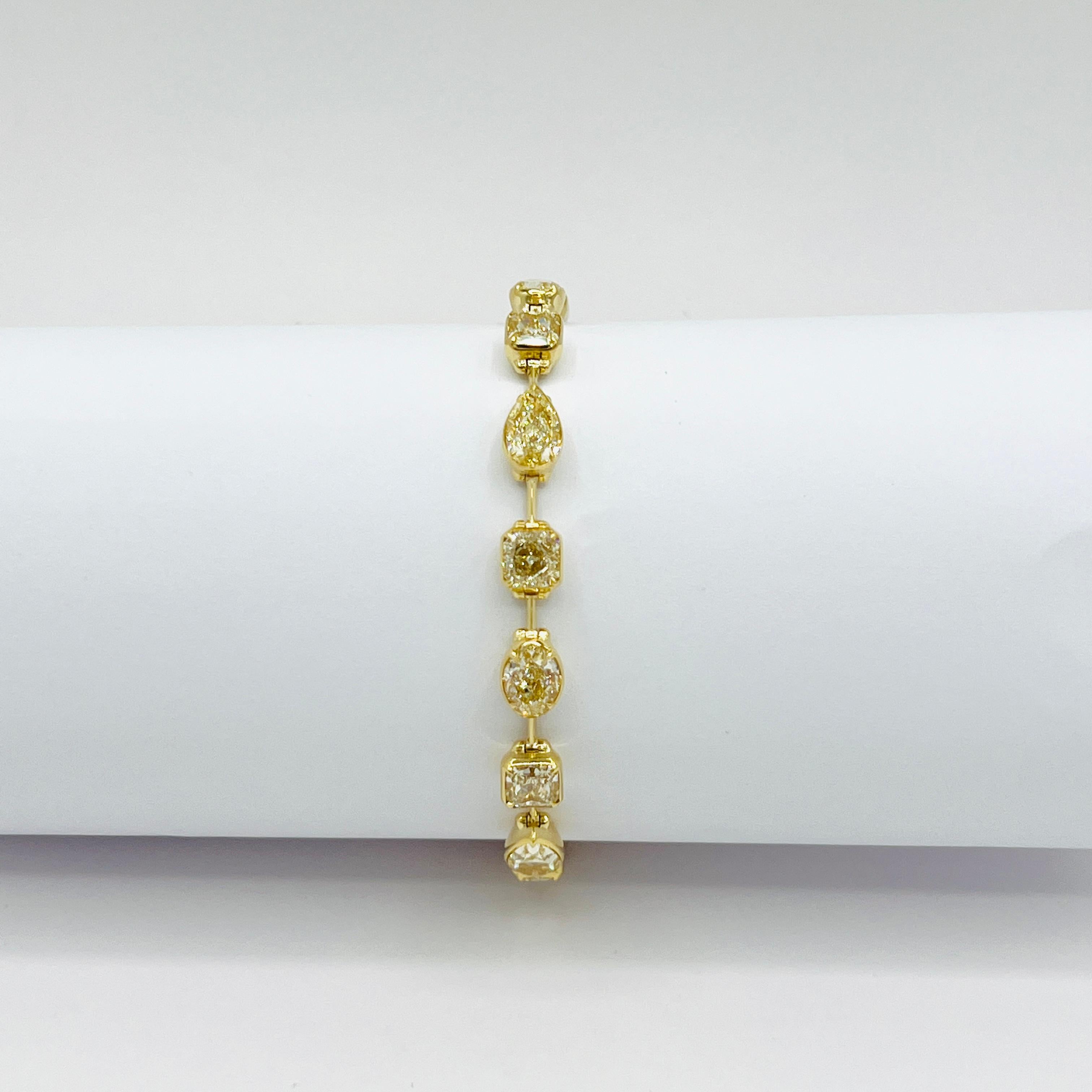 GIA Yellow Radiant, Oval and Pear Shape Diamond Bracelet in 18K Yellow Gold For Sale 2