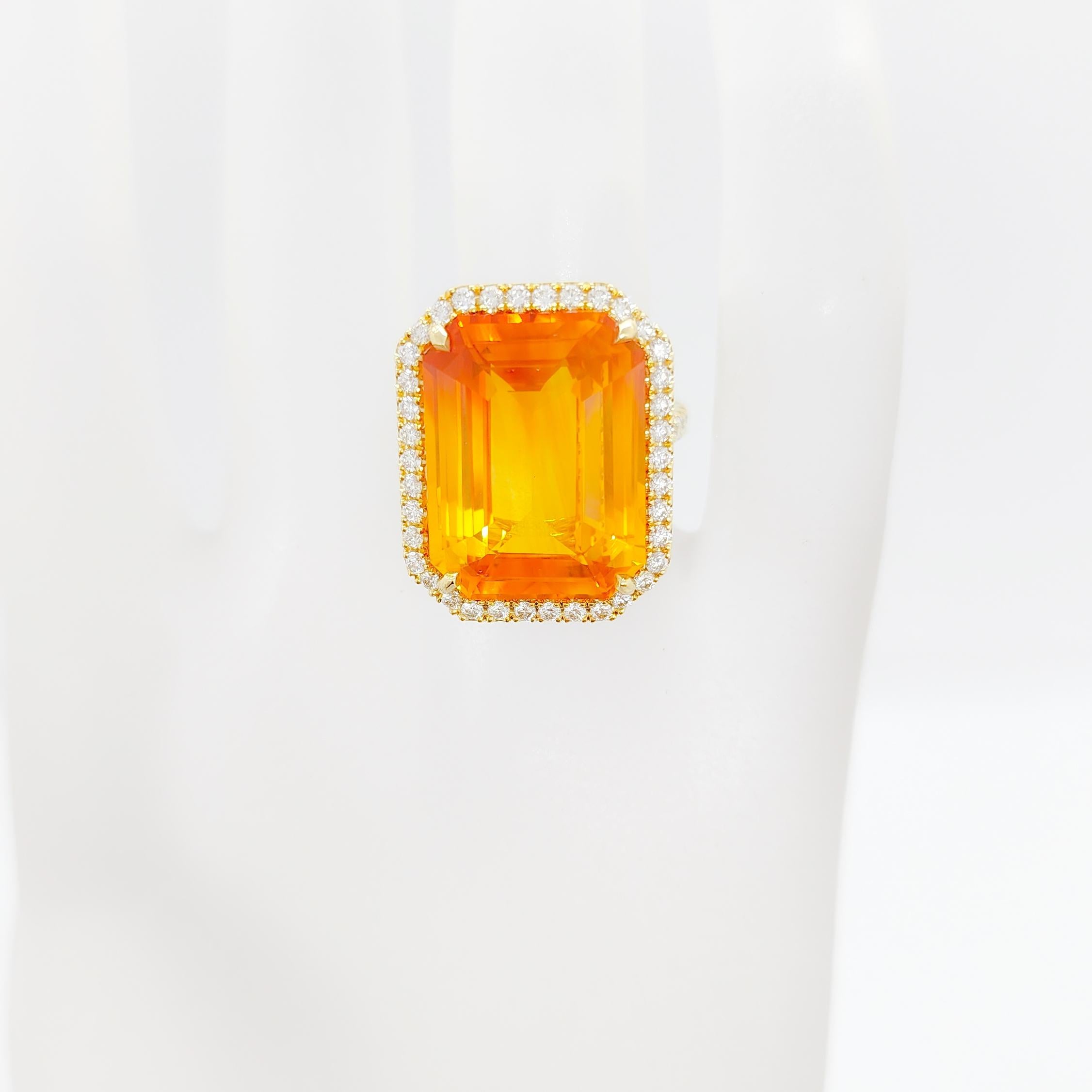 Emerald Cut GIA Yellowish Orange Sapphire and White Diamond Cocktail Ring in 18k For Sale