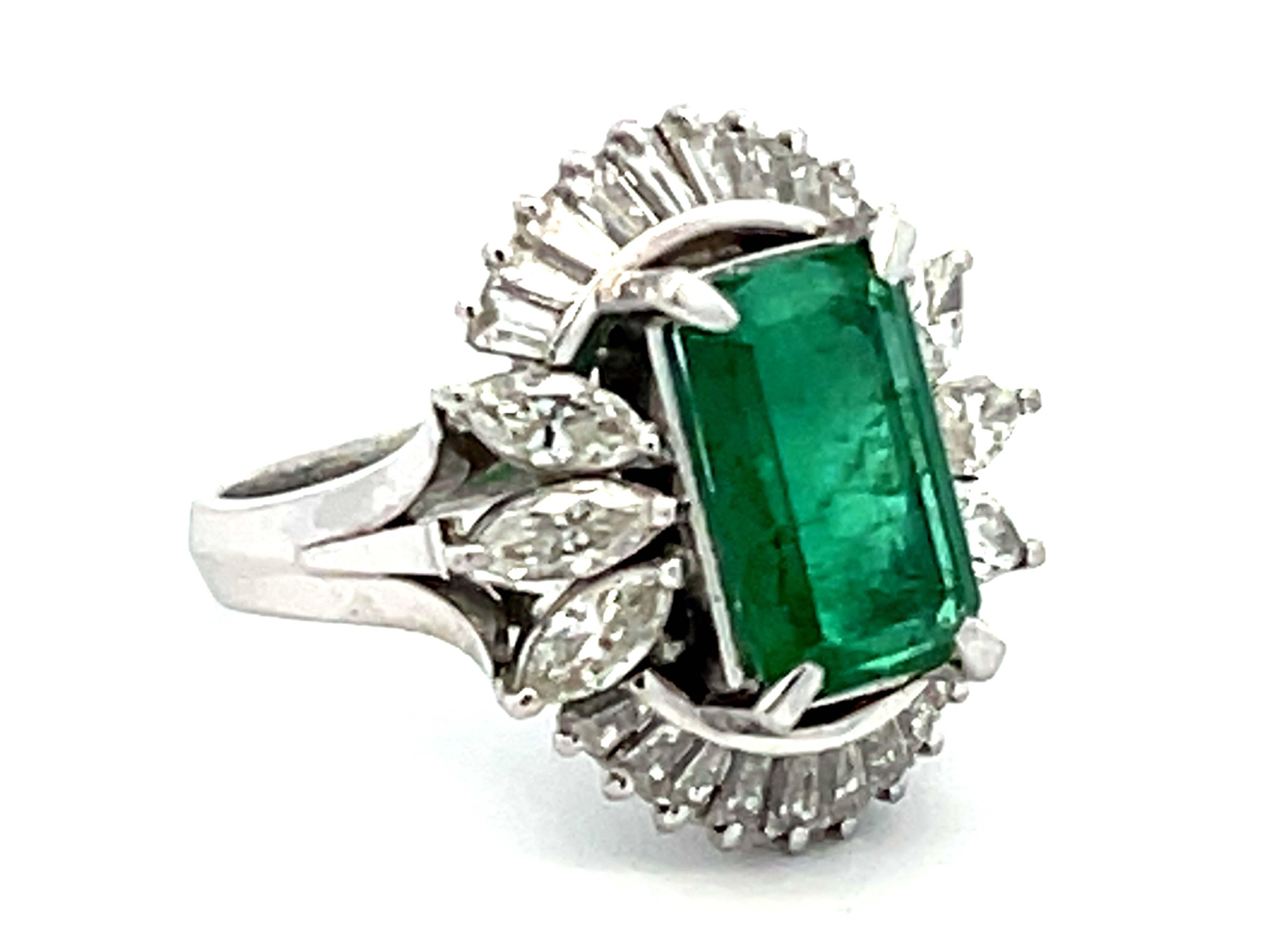 Emerald Cut GIA Zambia Emerald, Baguette and Marquise Diamond Platinum Ring For Sale