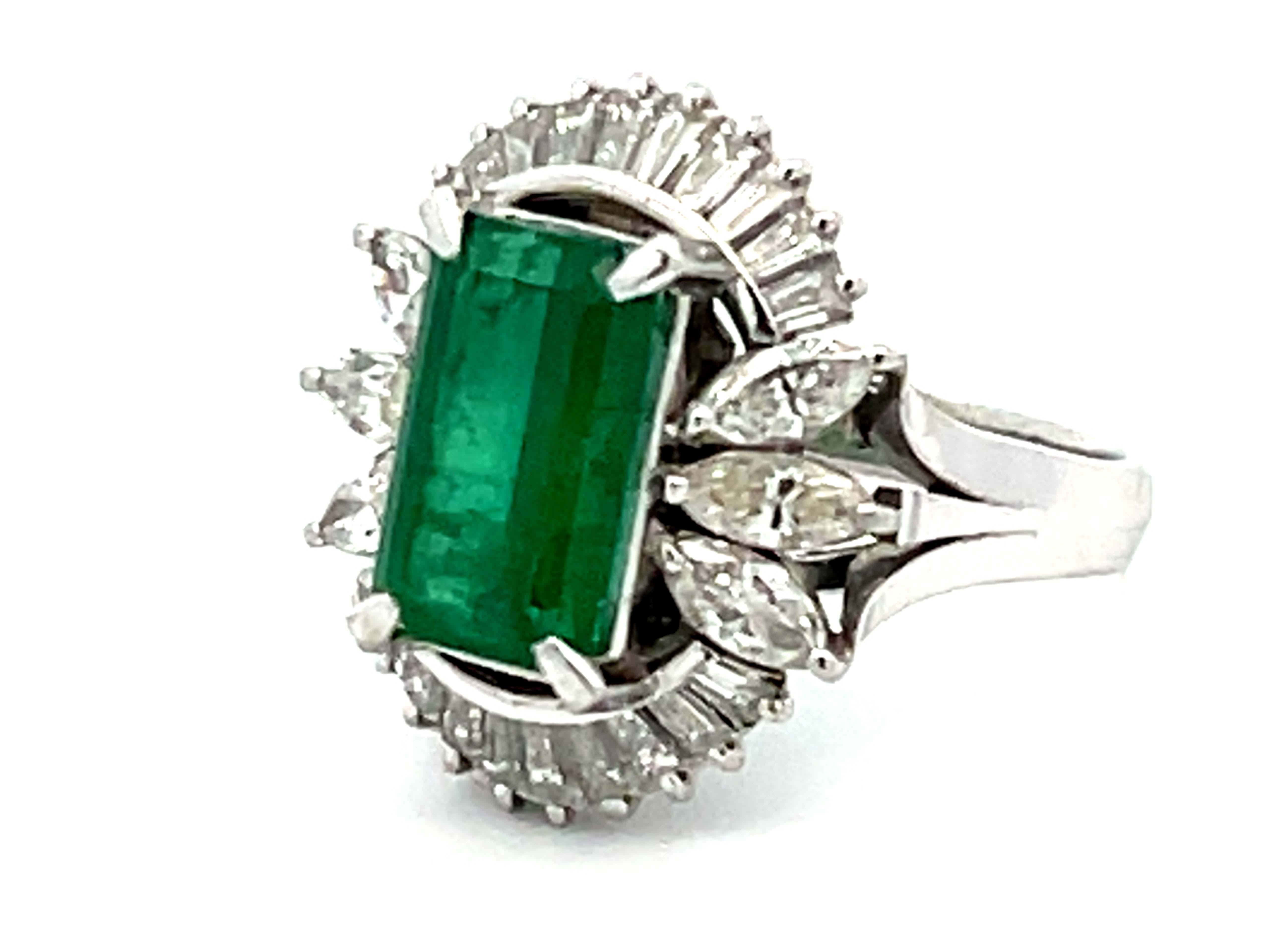 GIA Zambia Emerald, Baguette and Marquise Diamond Platinum Ring In Excellent Condition For Sale In Honolulu, HI