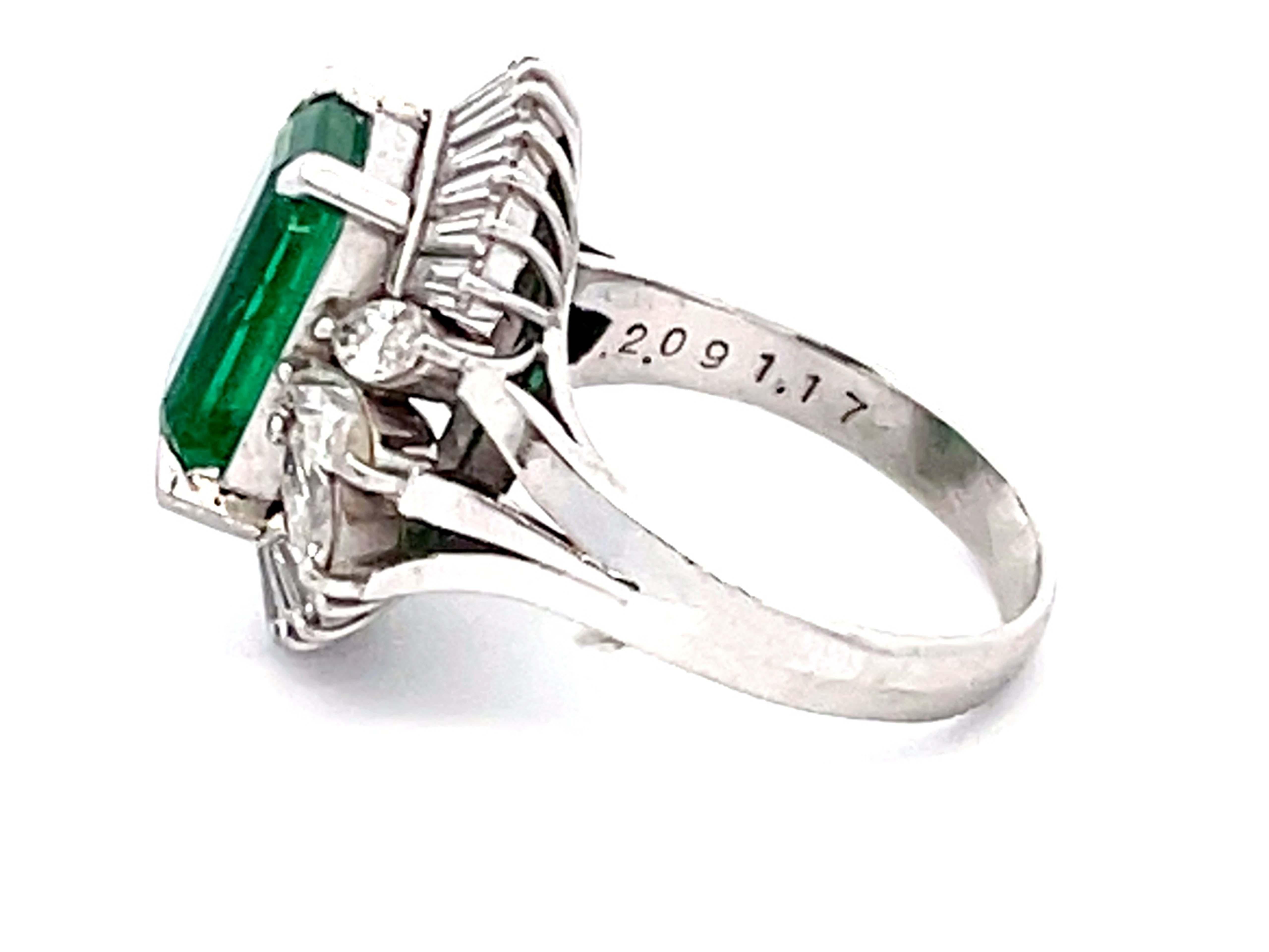 GIA Zambia Emerald, Baguette and Marquise Diamond Platinum Ring For Sale 1