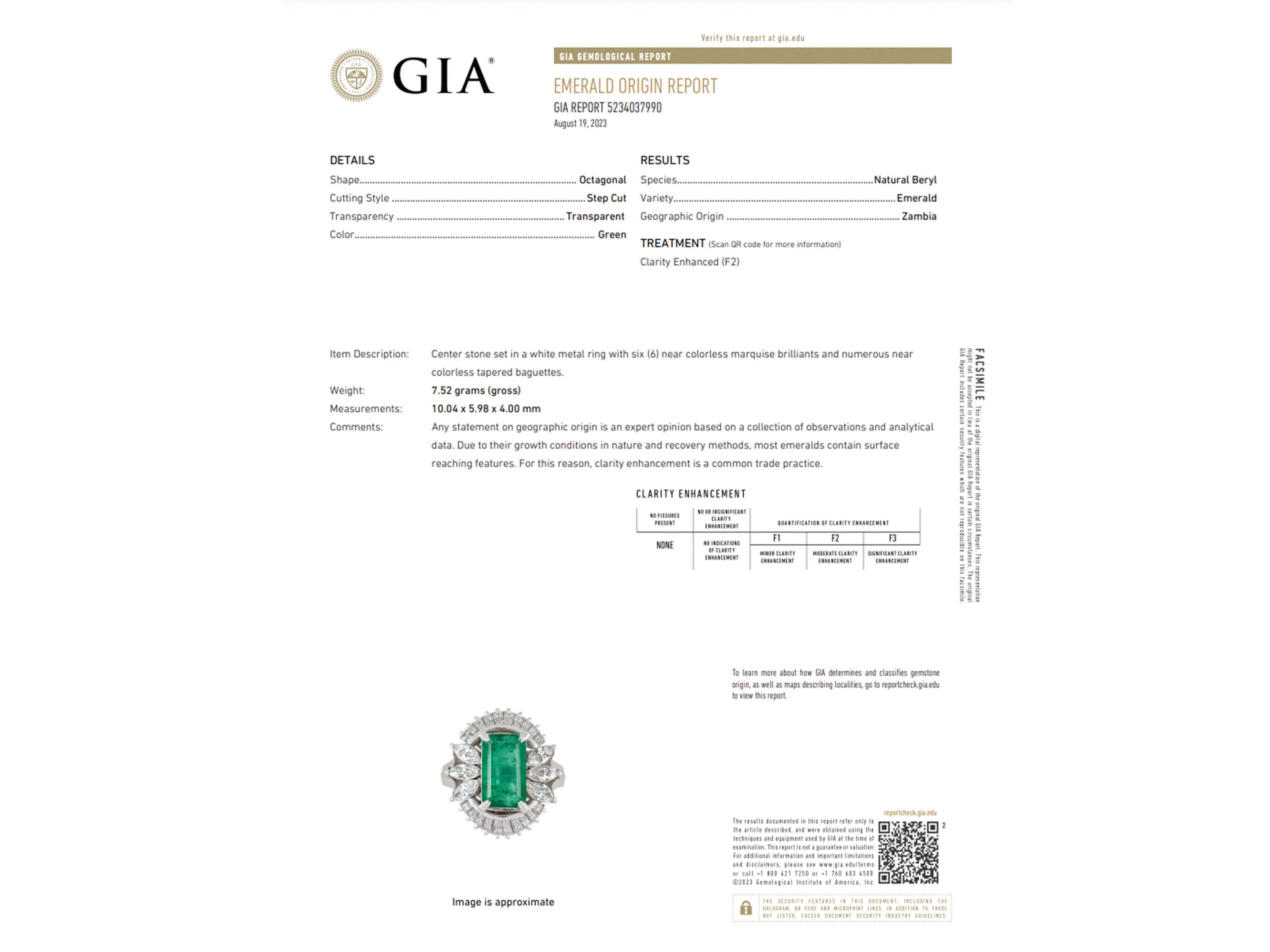 GIA Zambia Emerald, Baguette and Marquise Diamond Platinum Ring For Sale 3