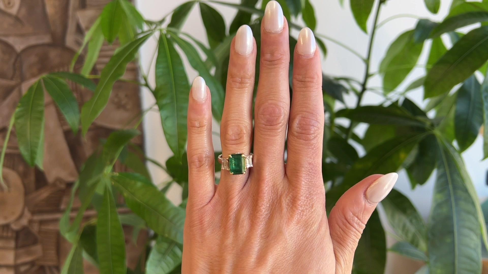 Emerald Cut GIA Zambian Emerald Diamond 18 Karat White Yellow Gold Ring