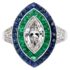 GIA_18K 750 Solid White Gold Natural Diamond Emerald and Sapphire Milgrain Ring