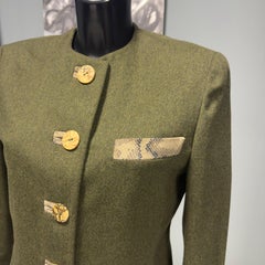 Mila Schön 90s Jacket in Olive Green Baby Camelhair with Python Detailing