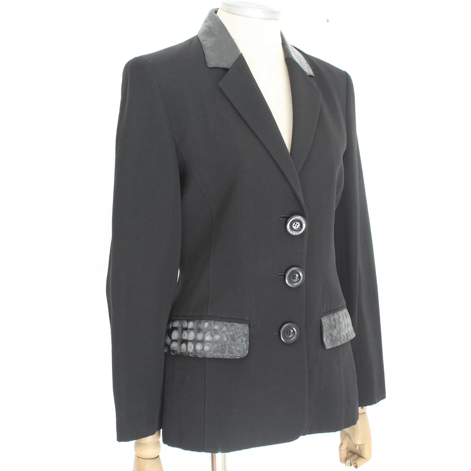 Giacca Slim Fit Genny Inserti in Pelle di Rettile Nera Anni 80 1