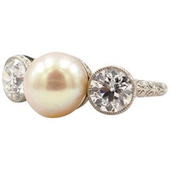 Retro Giacertified Natural Saltwater Pearl and Two Round Diamonds Set in Art Deco Ring