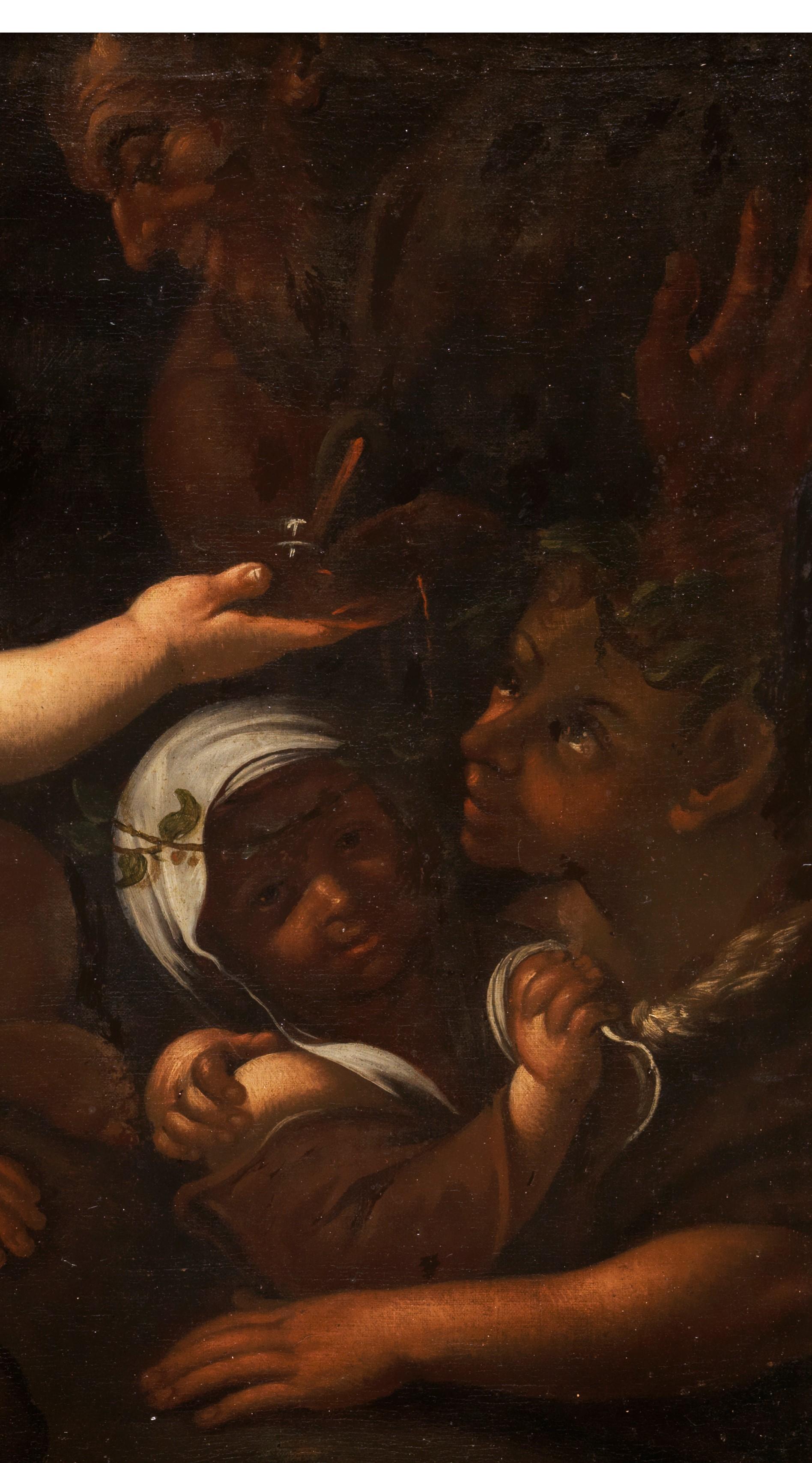 Siglo XVII Baco Giacinto Brandi Infancia mitológica Vino Óleo sobre lienzo - Painting Escuela italiana de Giacinto Brandi (Rome 1621 - Rome 1691)