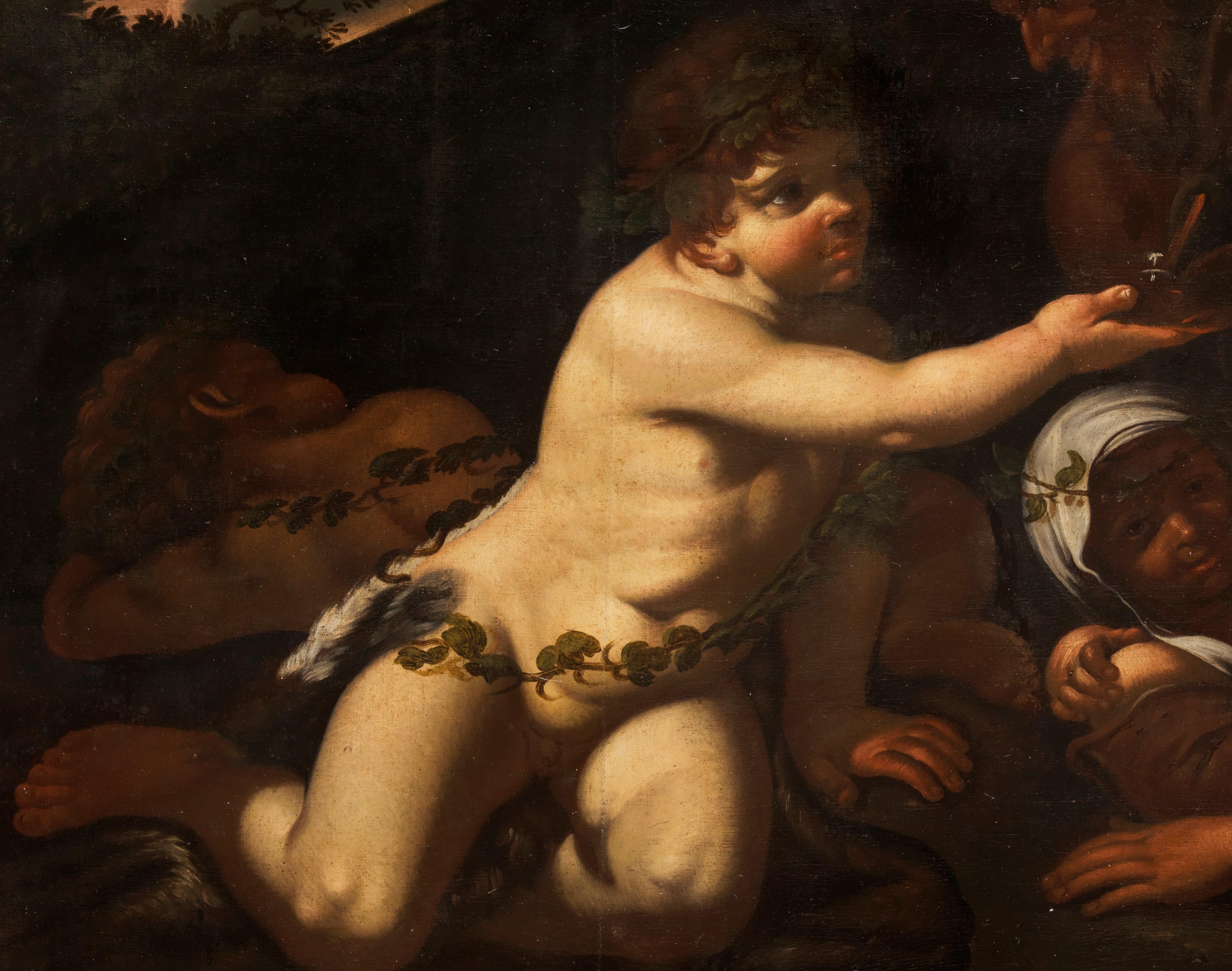 Siglo XVII Baco Giacinto Brandi Infancia mitológica Vino Óleo sobre lienzo - Figurative Painting Negro de Giacinto Brandi (Rome 1621 - Rome 1691)