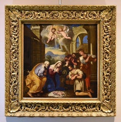 Antique Nativity Adoration Shepherds Gimignani Paint 17th Century Oil on canvas Italy