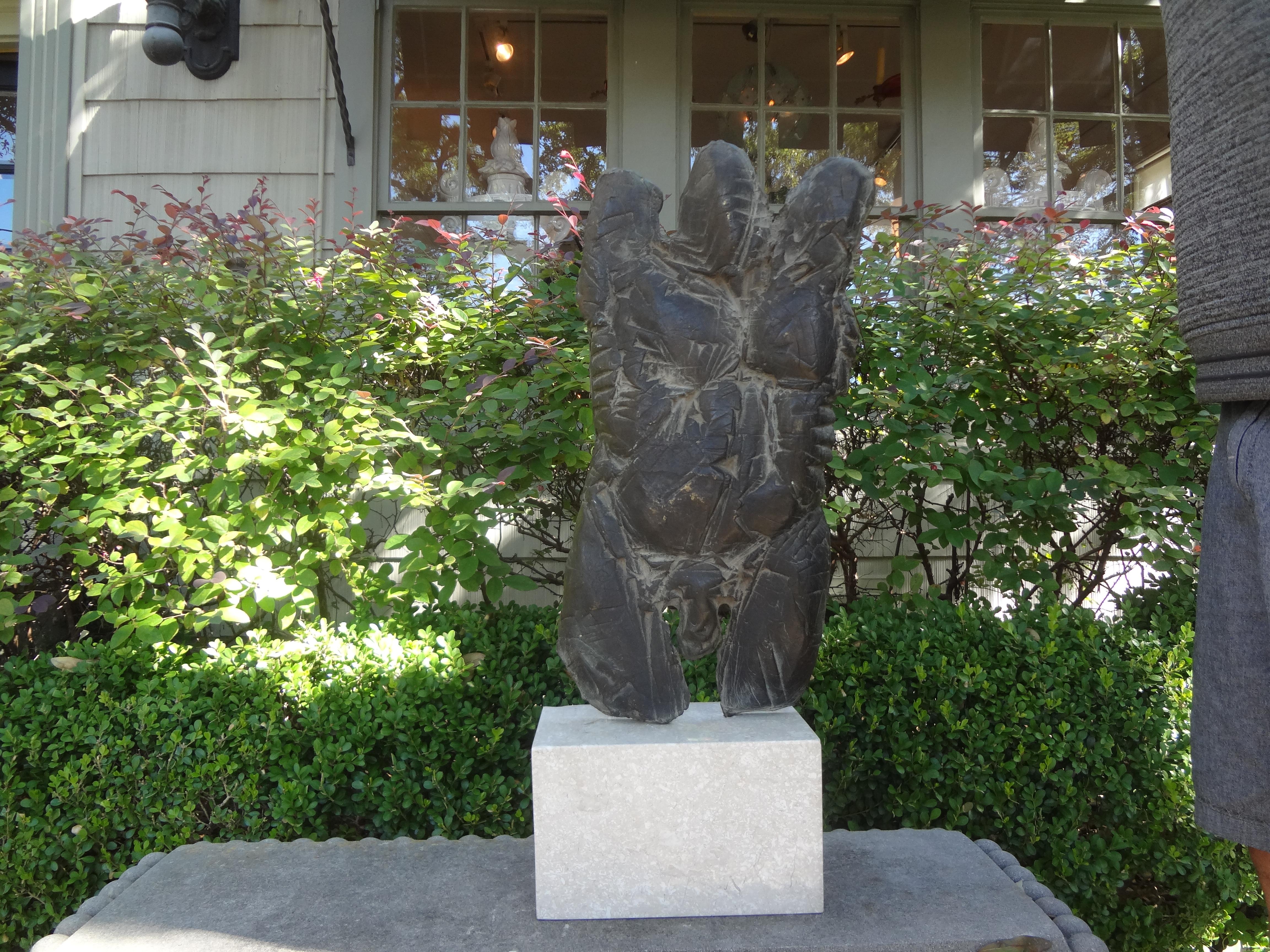 Large Brutalist male torso abstract bronze sculpture on a marble base in the manner of Brancusi. This midcentury figural male torso sculpture is finely detailed and dates to the mid-1960s.