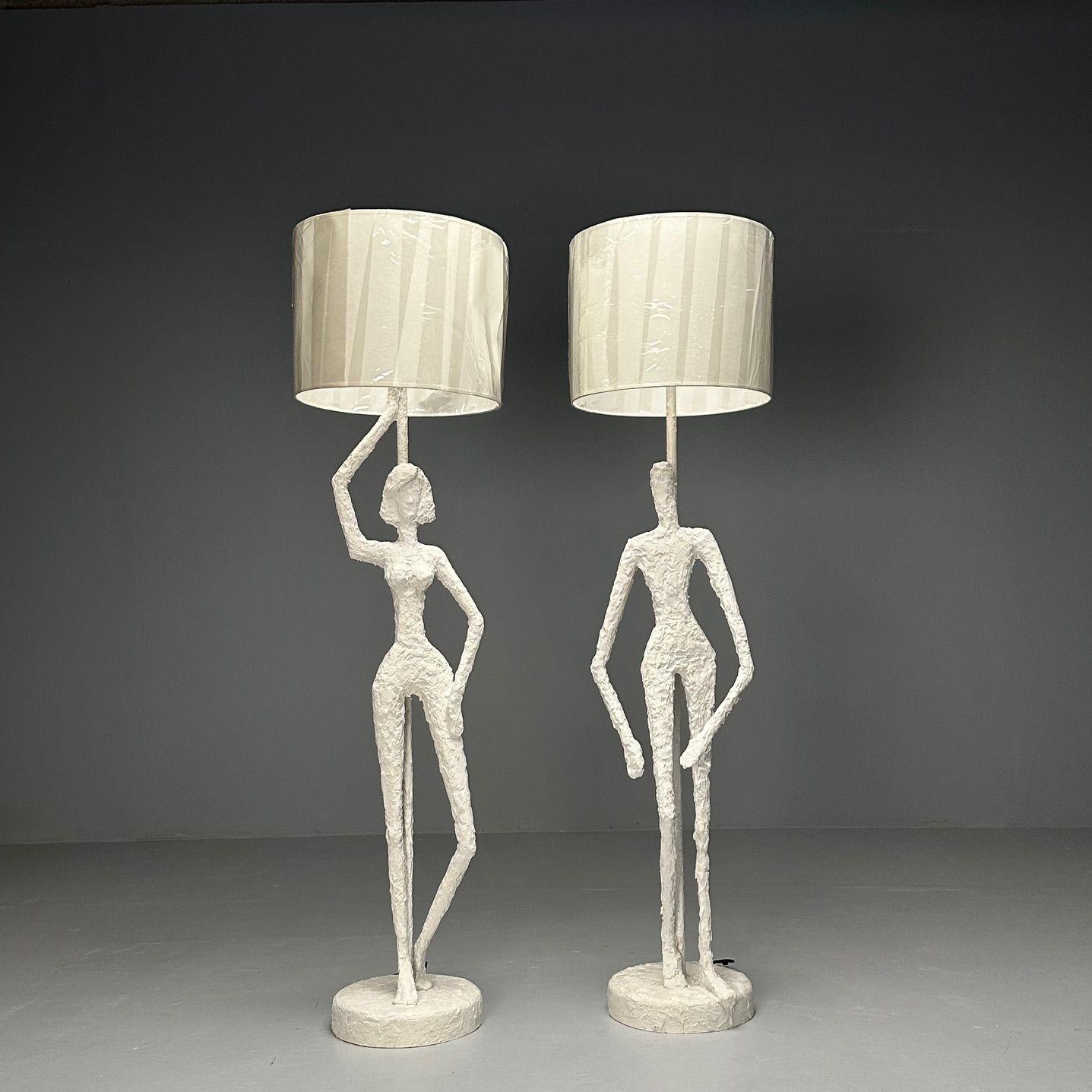 Modern Giacometti Inspired, Contemporary, Floor Lamps, White Plaster, Wood, 2024 For Sale