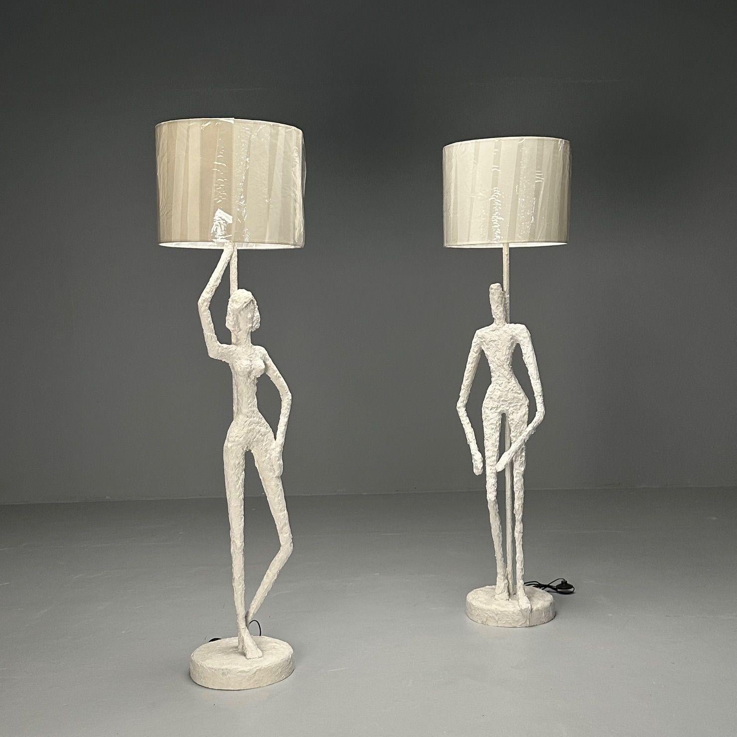 Giacometti Inspired, Contemporary, Floor Lamps, White Plaster, Wood, 2024 In Good Condition For Sale In Manhasset, NY