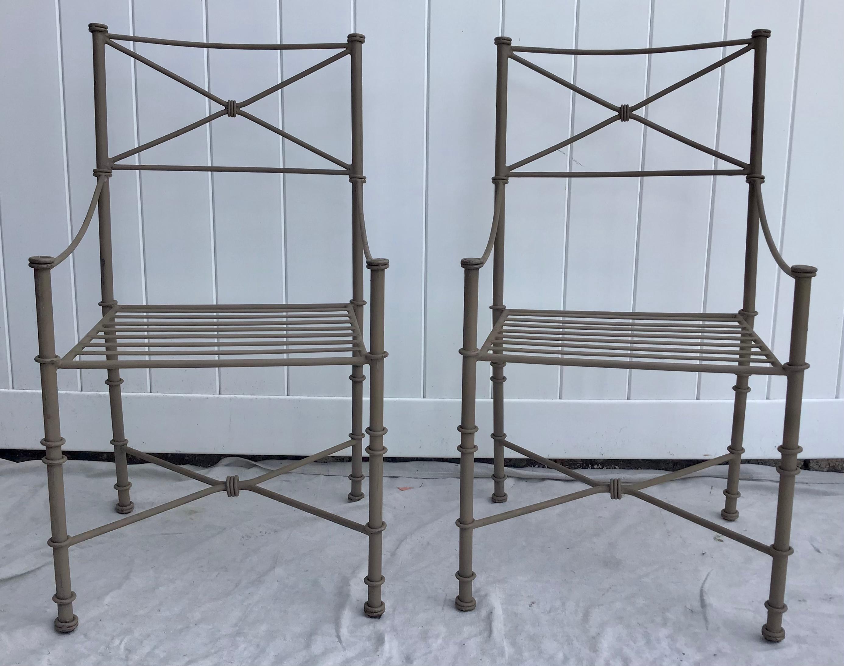 Gorgeous set of four heavy iron garden chairs, coated with an exquisite verdigris patina style finish. In its former life, this set was only used indoors, and is in near perfect condition. Equally at home in a garden, on a patio or in a living room,