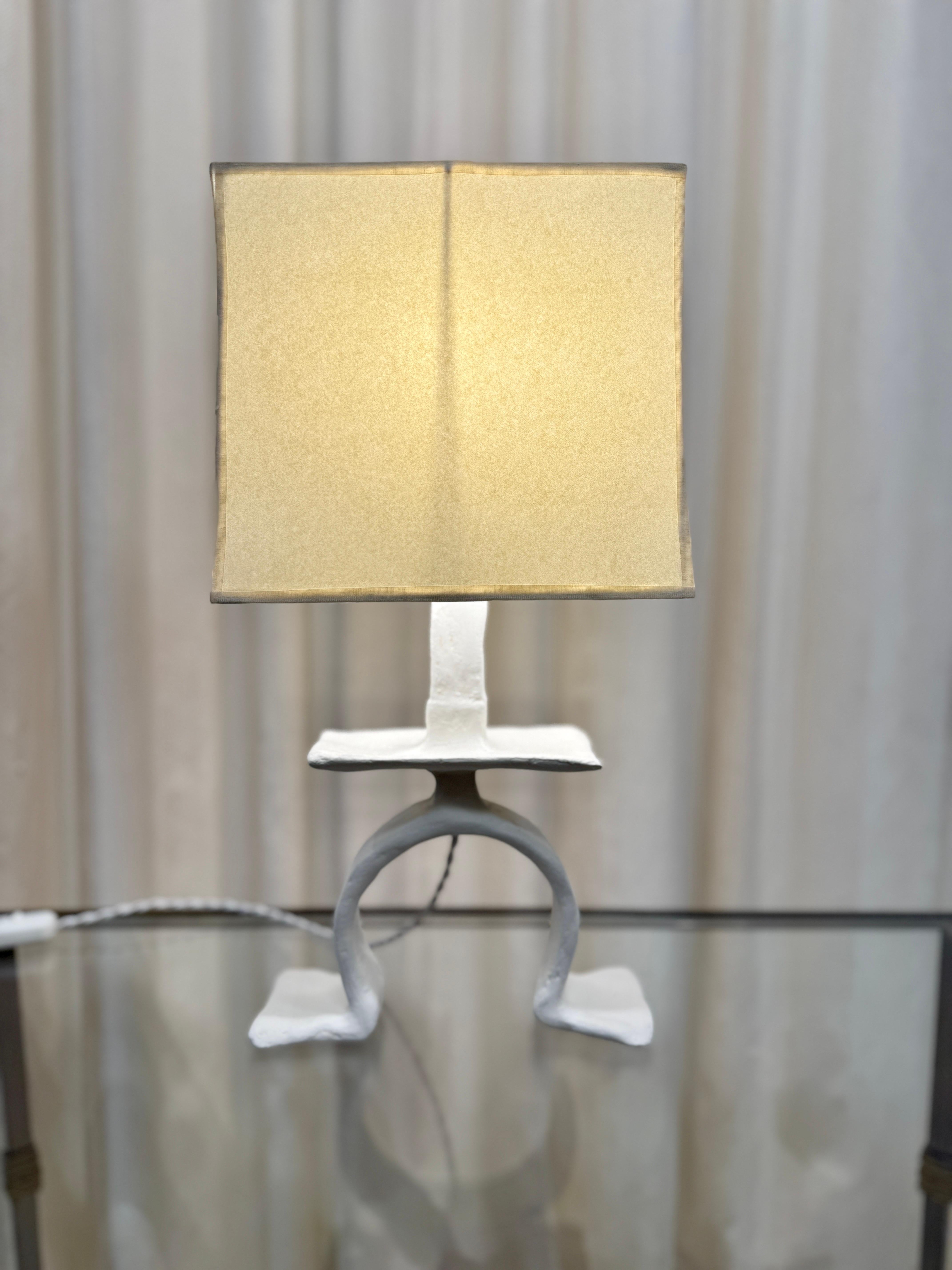 French Giacometti Inspired Plaster over Metal Tribal Table Lamp For Sale