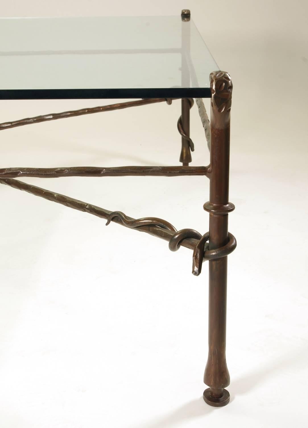 Giacometti Inspired Wrought Iron and Glass Coffee Table In Excellent Condition In St. Louis, MO